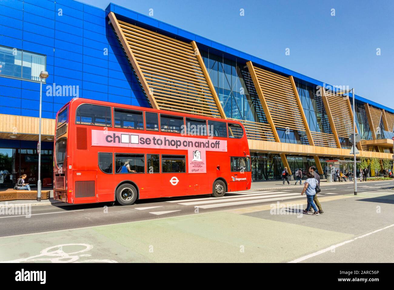 Red London bus in front of Ikea on the Greenwich peninsula. First retail  store to achieve highest BREEAM UK New Construction sustainability rating  Stock Photo - Alamy