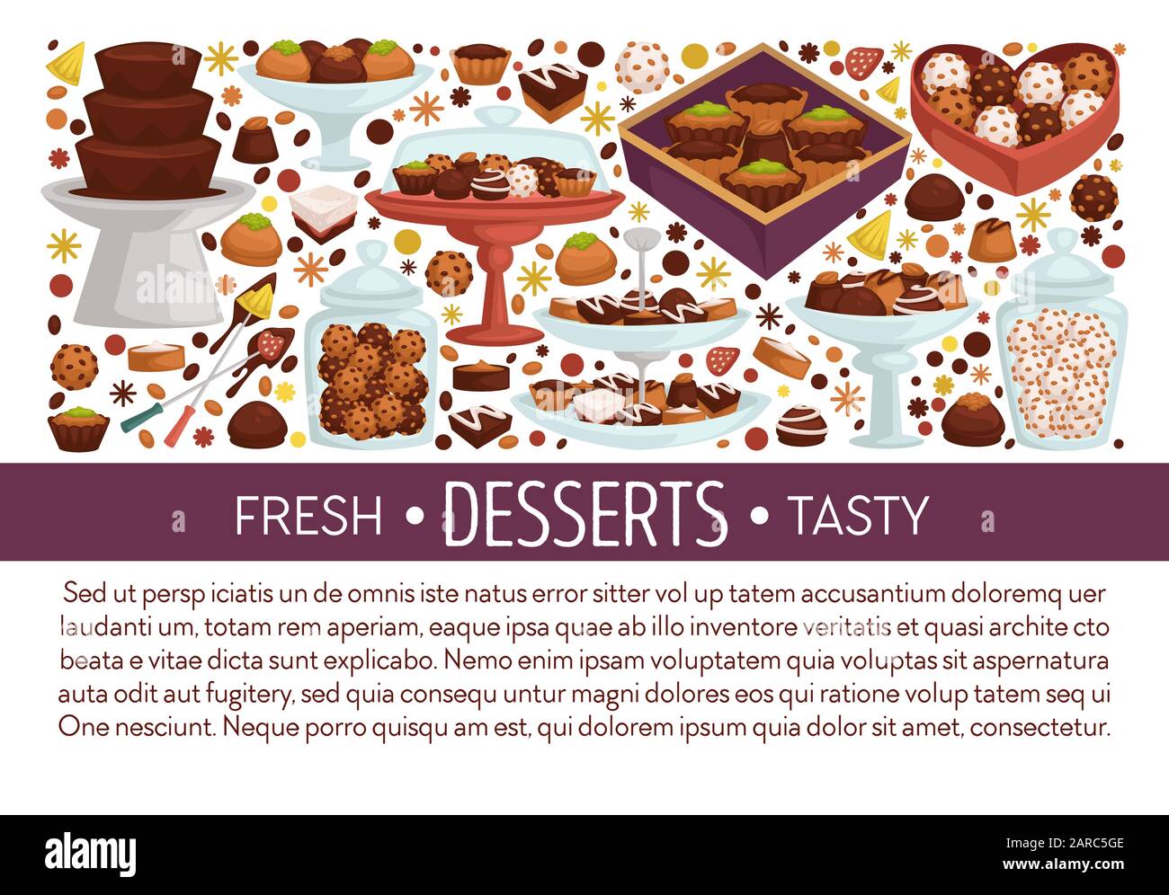 Desserts banner template with assorted truffle chocolate candies and text Stock Vector