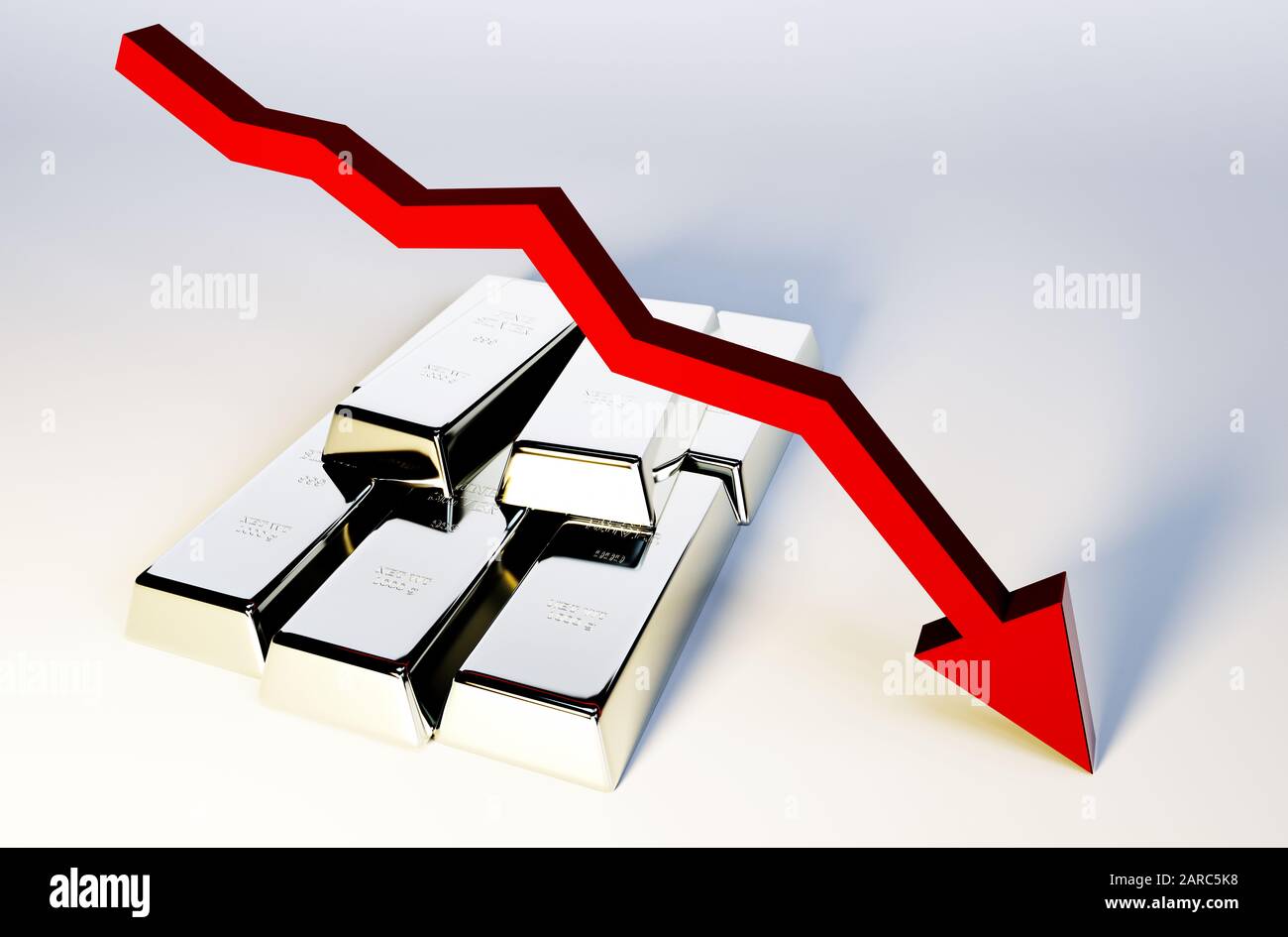 3d render image of silver bars with declining graph Stock Photo