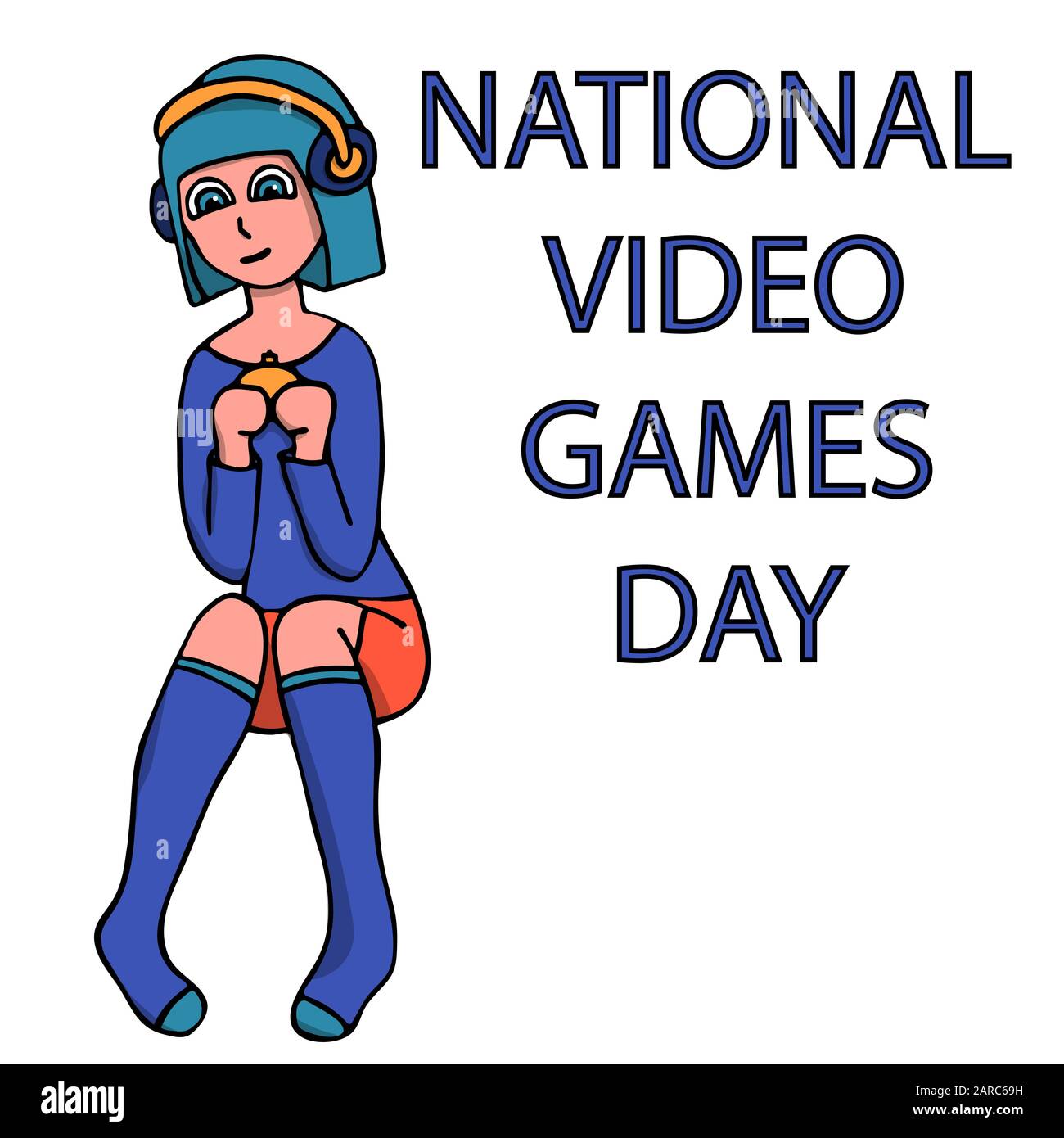 sign for national video games day with a girl gamer with blue hair and a gamepad. white background isolated stock vector illustration Stock Vector