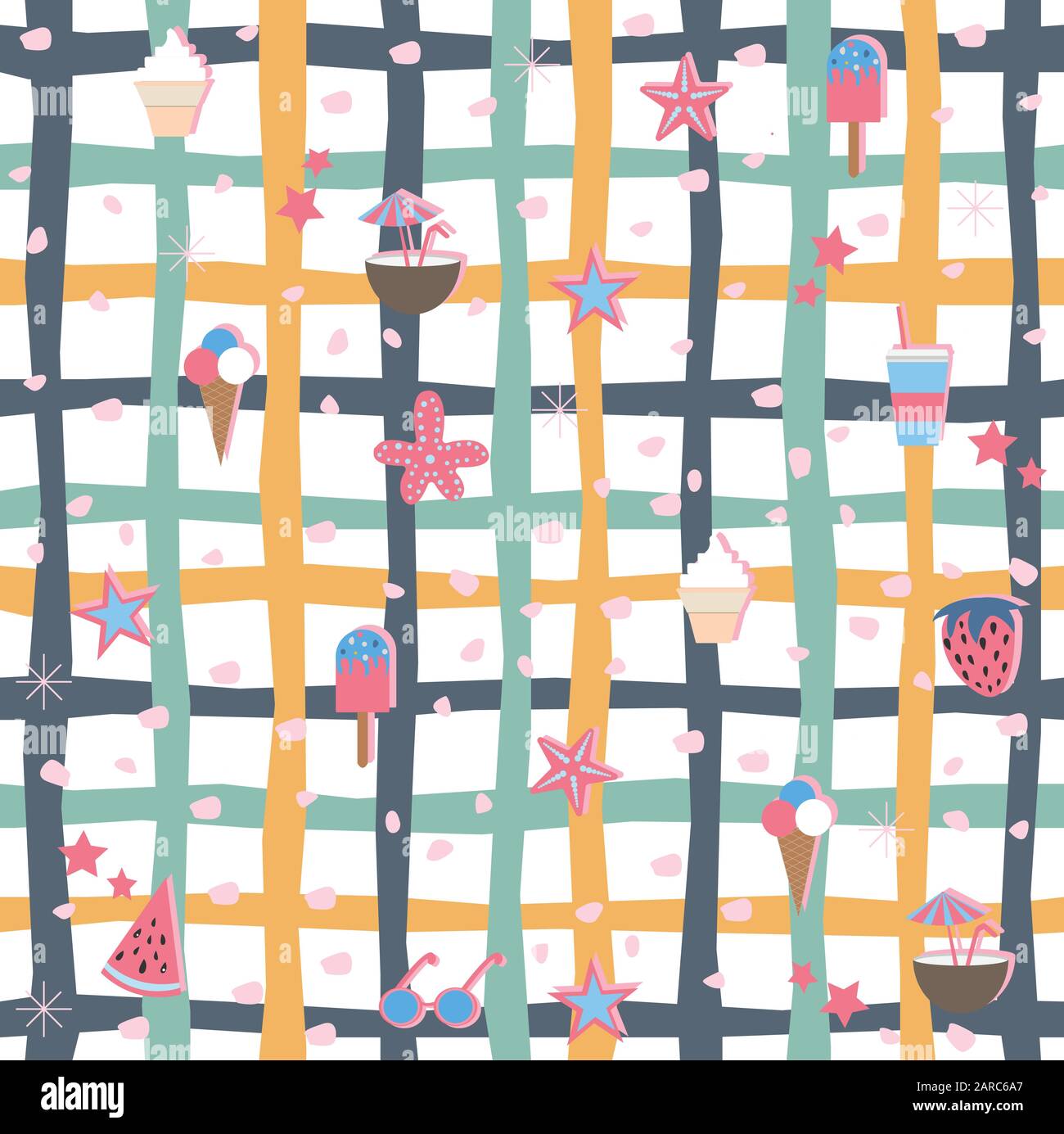 Summer Seamless Pattern. Stylized Summer Elements with shadows. Vector Illustration Stock Vector