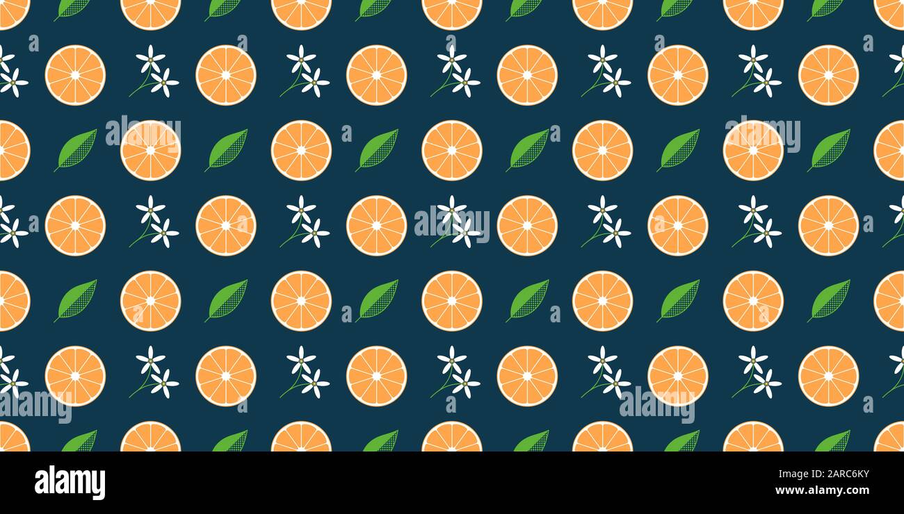 Seamless pattern with orange fruit slice, white flowers and green leaf ...