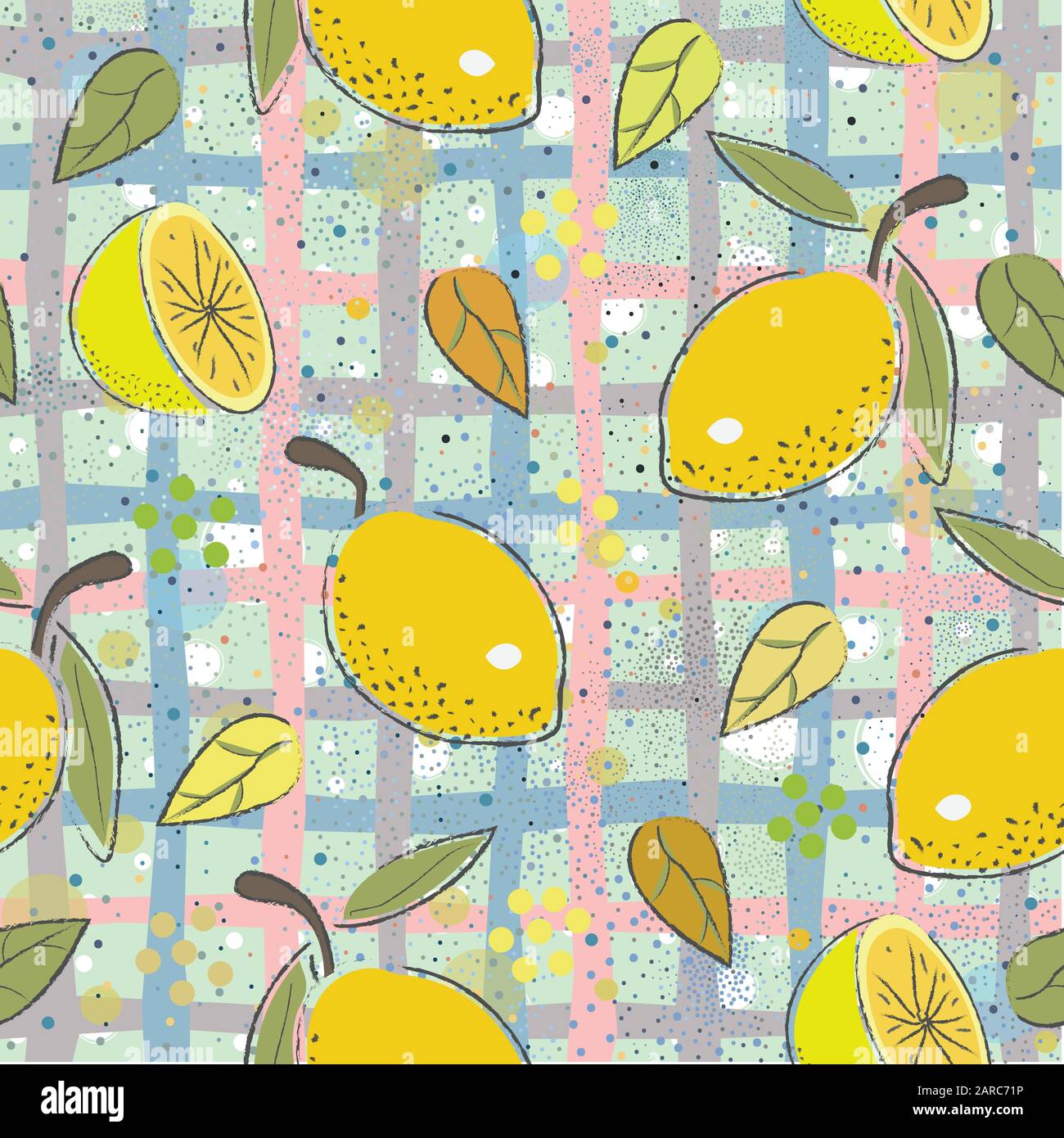 Seamless Pattern with cute lemons. Scandinavian Hand Drawn Style. Stock Vector