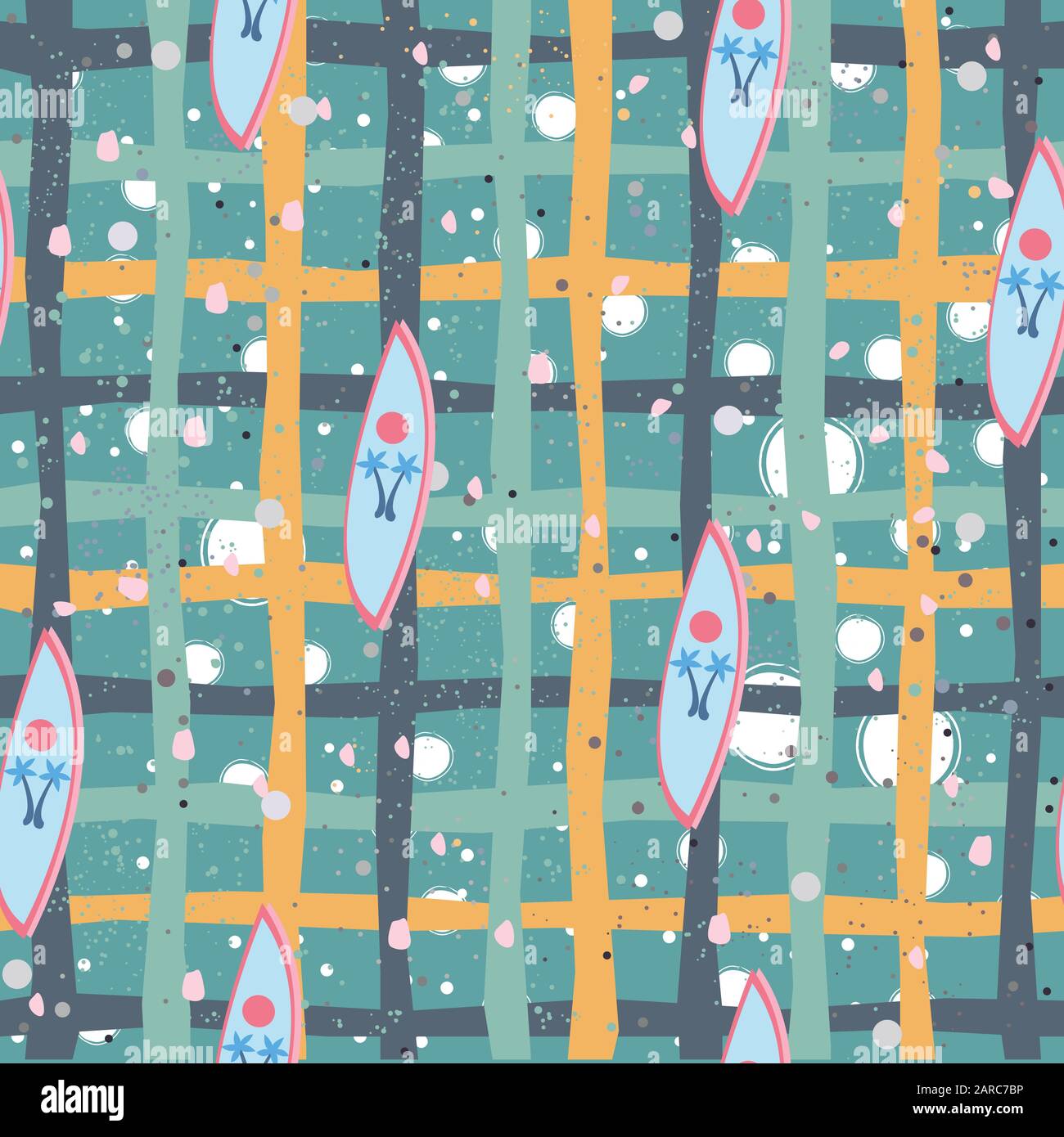 Seamless Pattern with surfing boards on sand. Vector Illustration Stock Vector