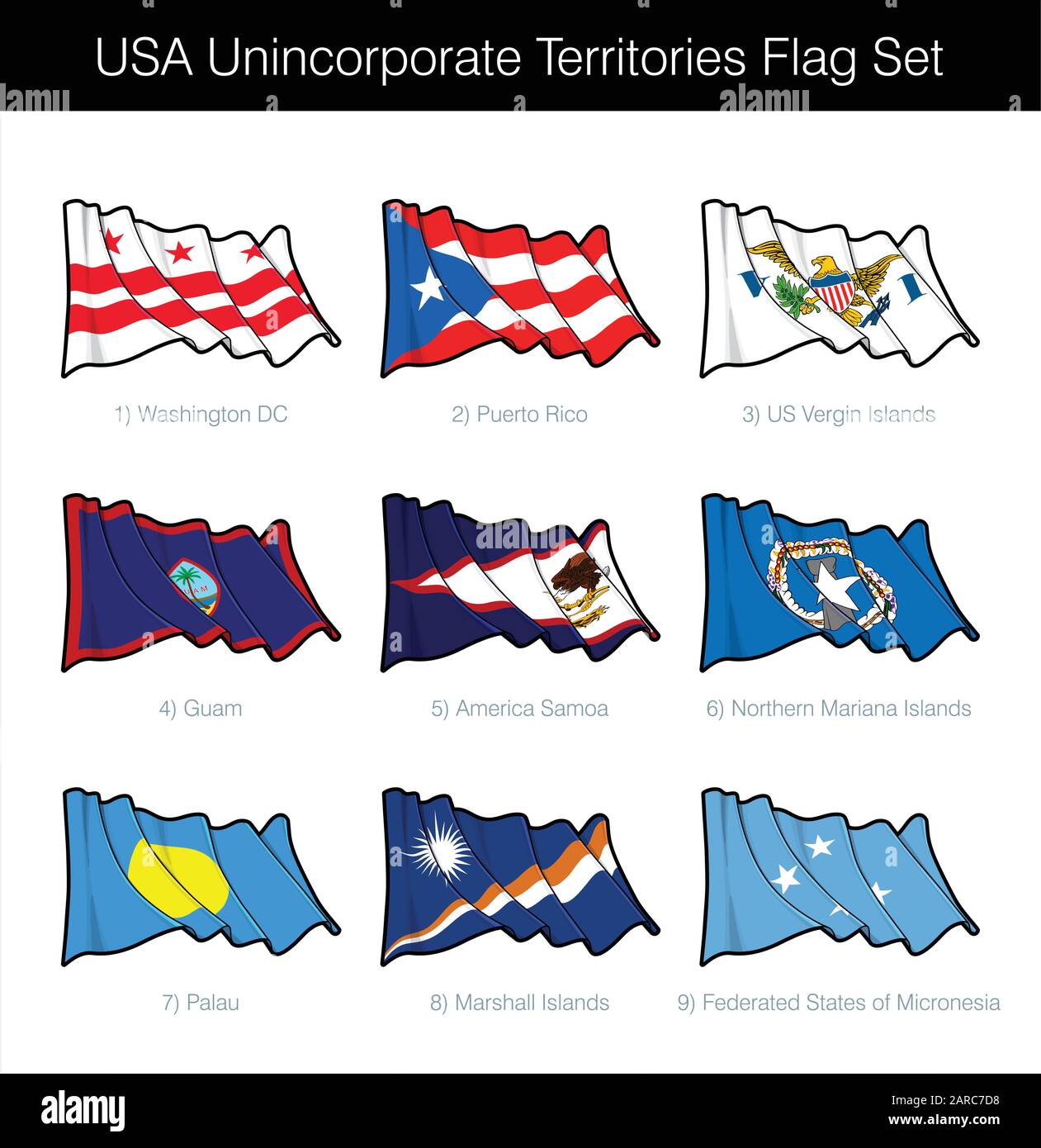 The icon set includes the waving flags of Washington DC, Puerto Rico, US Virgin Islands, Guam, American Samoa, Palau, Northern Mariana Islands, Federa Stock Vector
