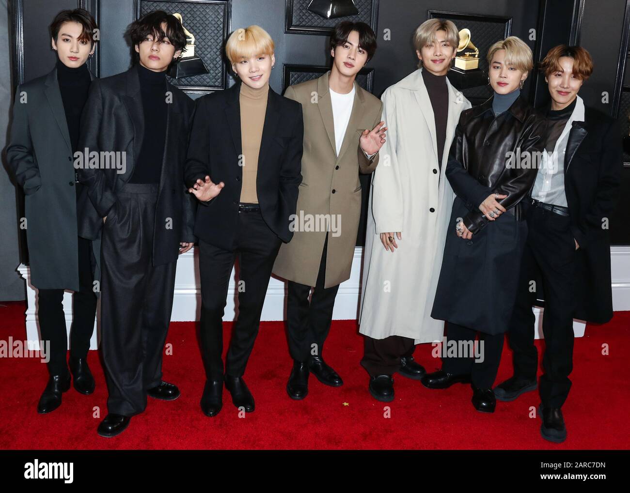 Los Angeles, California, Usa - January 26: Rm, V, Suga, Jin, Jimin, Jungkook  And J-Hope Of Bts Arrive At The 62Nd Annual Grammy Awards Held At Staples  Center On January 26, 2020