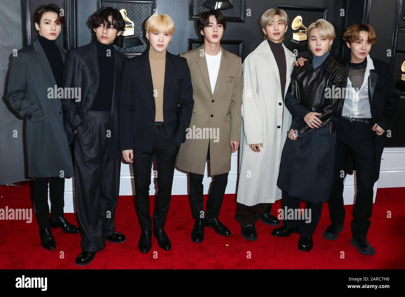 Los Angeles, United States. 26th Jan, 2020. LOS ANGELES, CALIFORNIA, USA - JANUARY 26: RM, V, Suga, Jin, Jimin, Jungkook and J-Hope of BTS arrive at the 62nd Annual GRAMMY Awards held at Staples Center on January 26, 2020 in Los Angeles, California, United States. (Photo by Xavier Collin/Image Press Agency) Credit: Image Press Agency/Alamy Live News Stock Photo