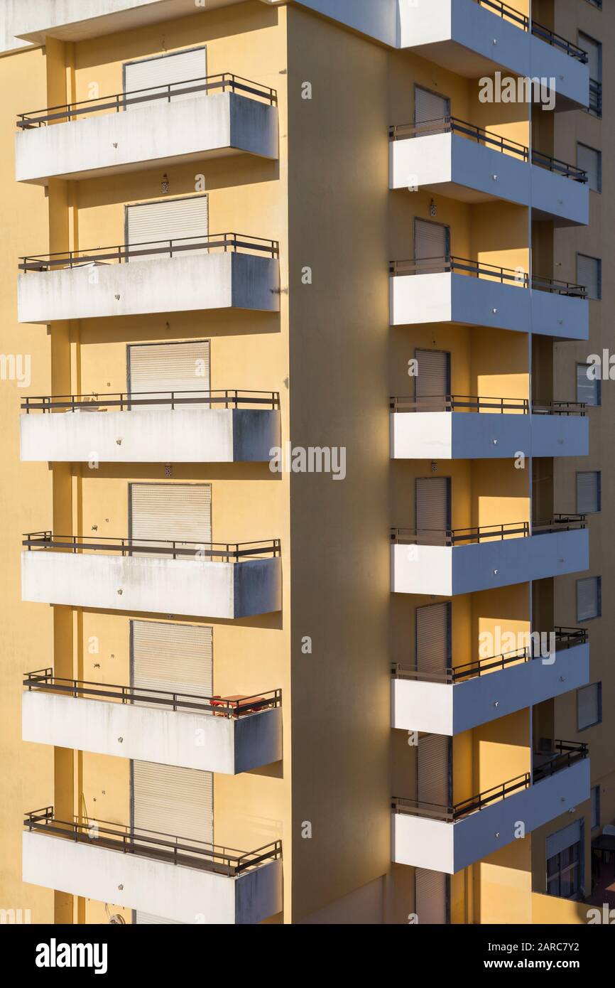 Balconies on tower block hotel apartments, Praia da Rocha, Algarve, Portugal Stock Photo