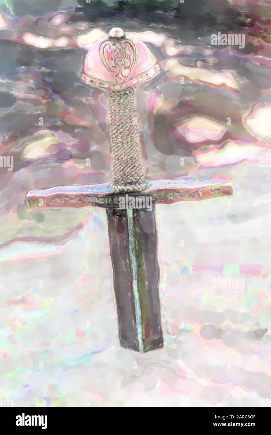 watercolor illustration: Sword in the 'stumbling block' on the castle hill Stock Photo