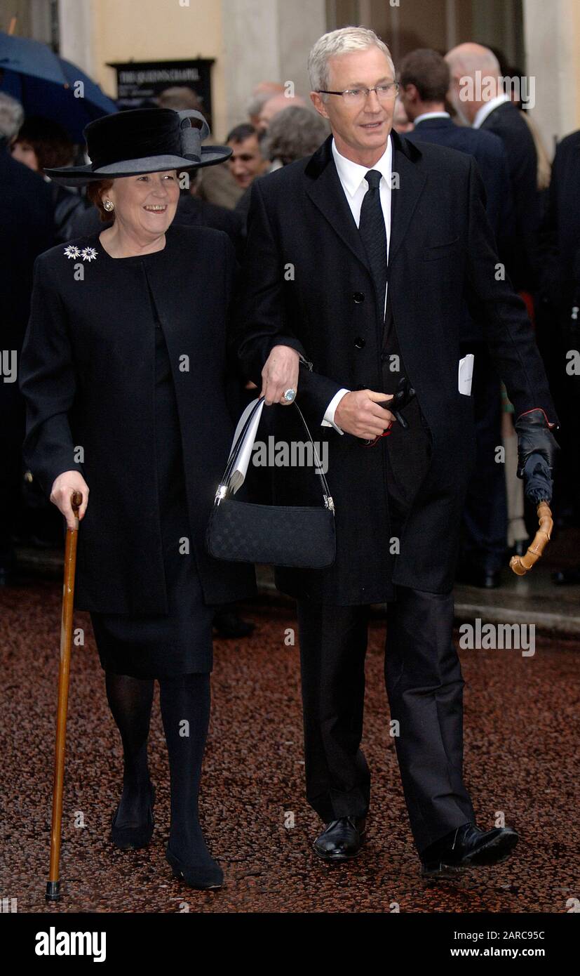 Comedian Paul O'grady attending the funeral of the Queen mother's favourite butler Wiliam Tallon, also affectionately known as 'backstairs Billy' at the Queen's Chapel in St James's Palace, London in 2007. Stock Photo