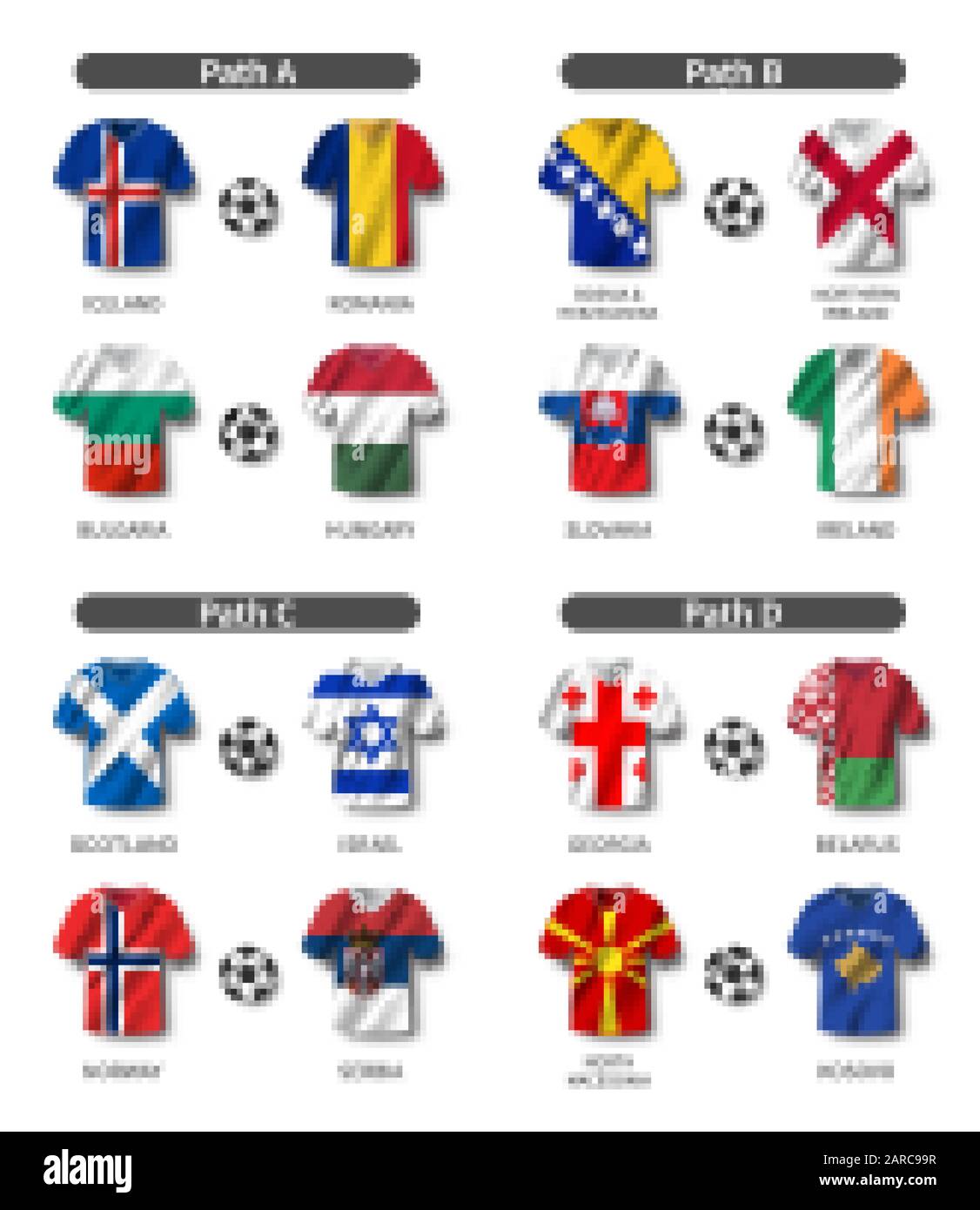 European soccer play-off draw 2020 . Group of international teams .  Football jersey with waving country flag pattern . White theme background .  Vector Stock Vector Image & Art - Alamy