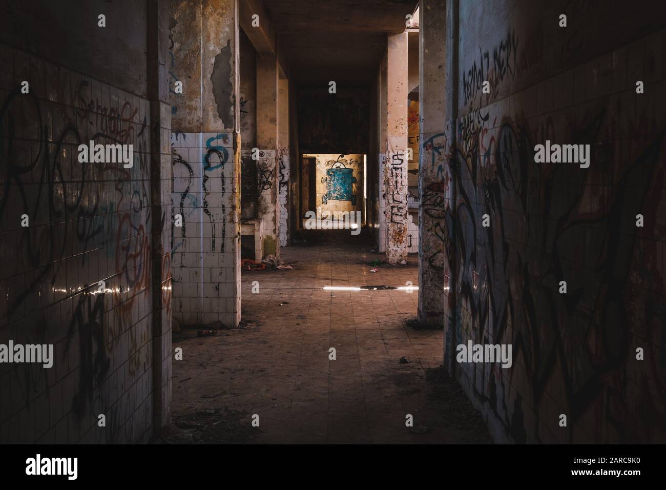 empty room inside abandoned building ruin - Stock Photo