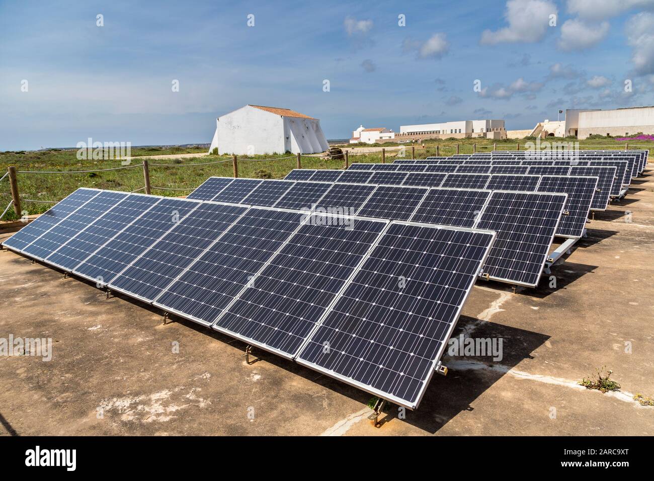 Solar panels, Ponta de Sagres, Sagres Point, Algarve, Portugal Stock Photo