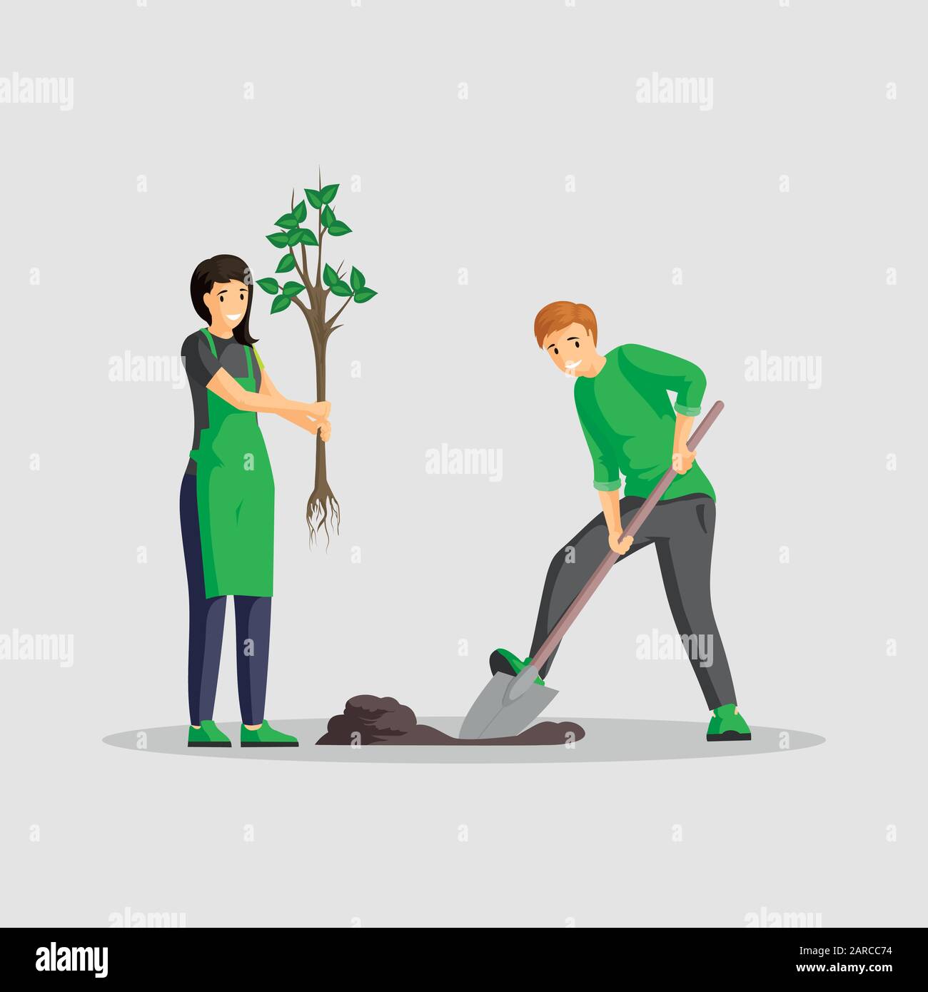Couple planting tree flat vector illustration. People gardening isolated cartoon characters, volunteers working outdoors together, greening planet. Man digging and woman holding sapling Stock Vector
