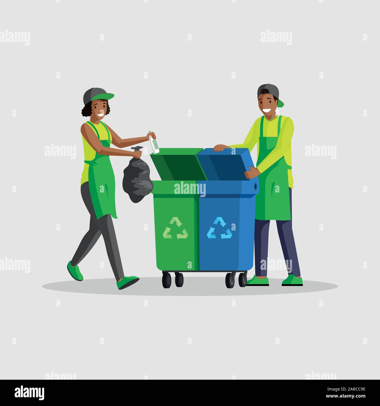 People taking out rubbish flat vector illustration. Volunteers sorting waste, putting garbage bag in dustbins for recycling. African american man and woman cleaning isolated cartoon characters Stock Vector