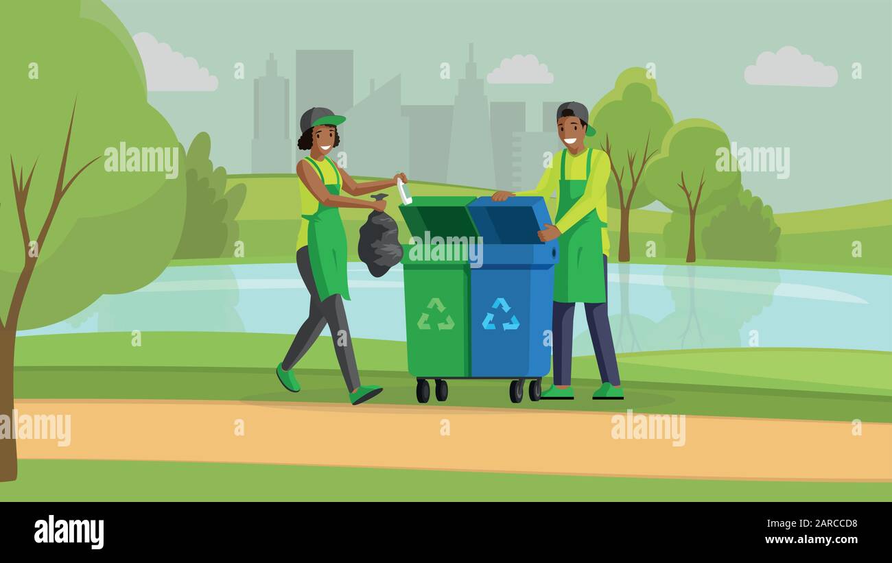 Volunteers cleaning park flat vector illustration. Environment protection, nature pollution reducing, waste management. People taking out garbage in bins for recycling, activists cartoon characters Stock Vector