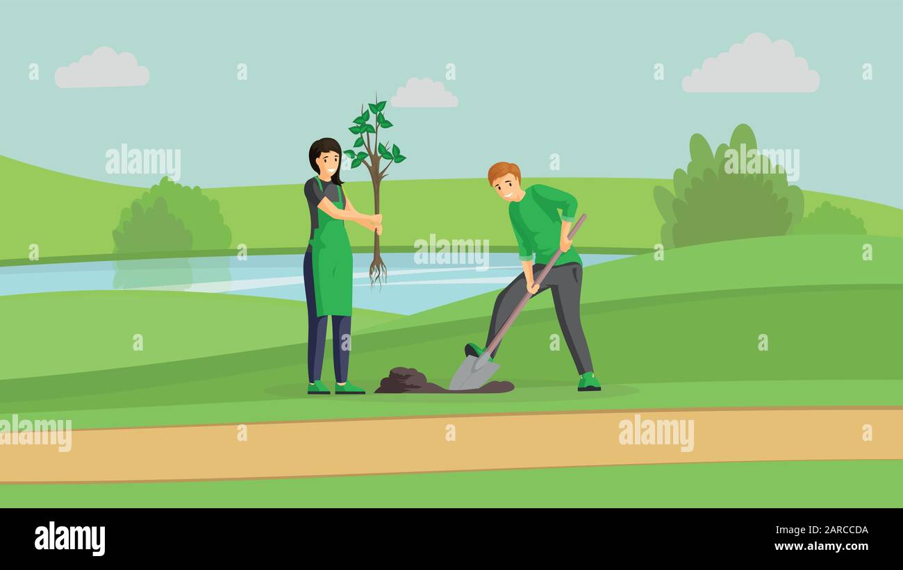 Volunteers couple planting tree flat illustration. People gardening in park near river, man digging and woman holding sapling cartoon characters. Activists working outdoors, greening planet together Stock Vector