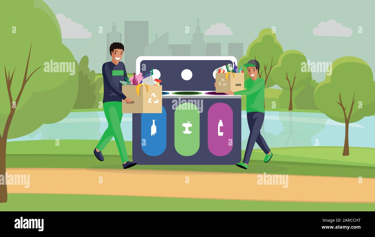 Teenage boys cleaning park flat illustration. Happy guys taking out garbage, sorting waste, reducing pollution together. Volunteers, activists separating rubbish, doing cleanup cartoon characters Stock Vector