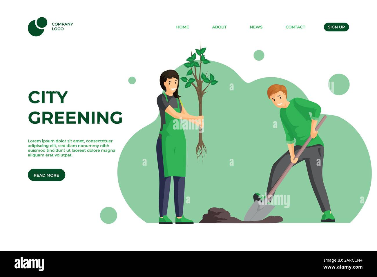 City greening flat landing page template. Planting trees, spring gardening works one page website design. Nature care volunteering, eco friendly lifestyle homepage cartoon template with characters Stock Vector