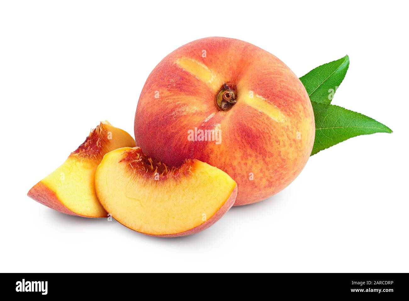 Ripe peach fruit and slice with leaf isolated on white background Stock ...
