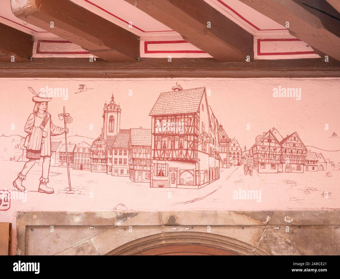 A mural painted on the wall at the Maison au Pelerin in Colmar Alsace
