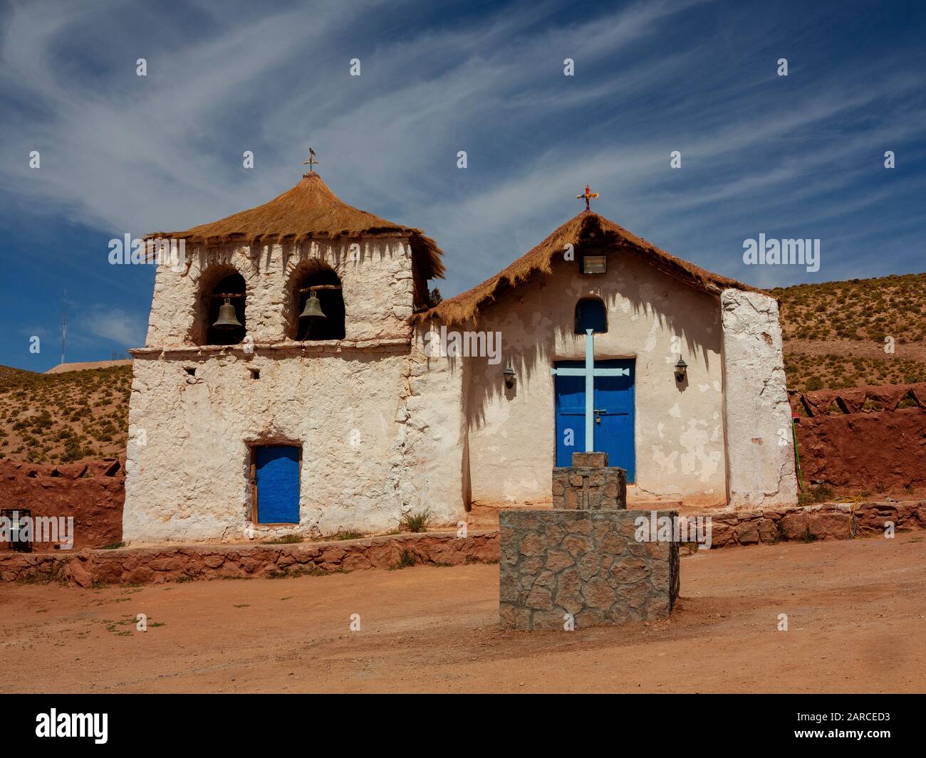 Old church with a typical Andean architecture Machuca Village, Atacama Desert, Chile Stock Photo