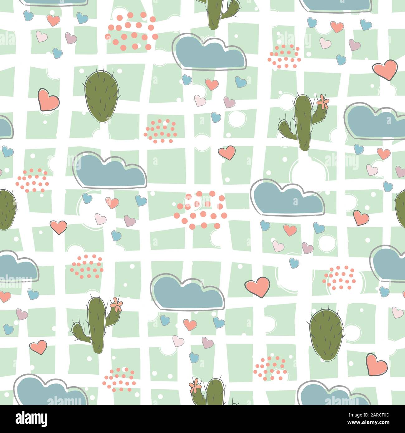 Seamless Pattern with cacti, hearts and clouds raining with hearts. Vector Illustration Stock Vector