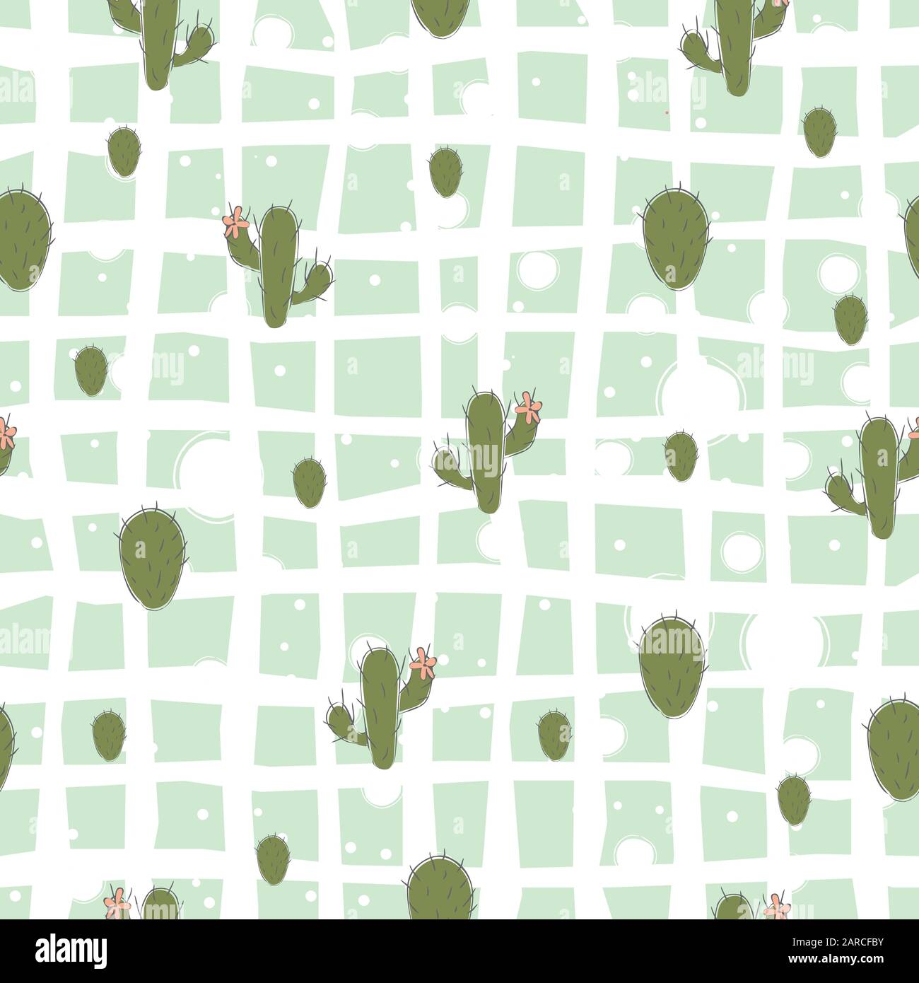 Cute seamless pattern with green cacti on black background. Vector Illustration Stock Vector