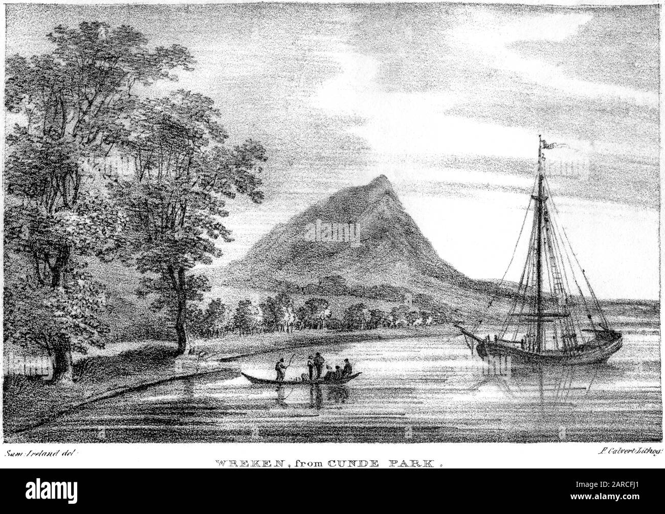 A lithograph of Wreken (The Wrekin) from Cunde (Cound) Park scanned at high resolution. from a book printed in 1824. Believed copyright free. Stock Photo