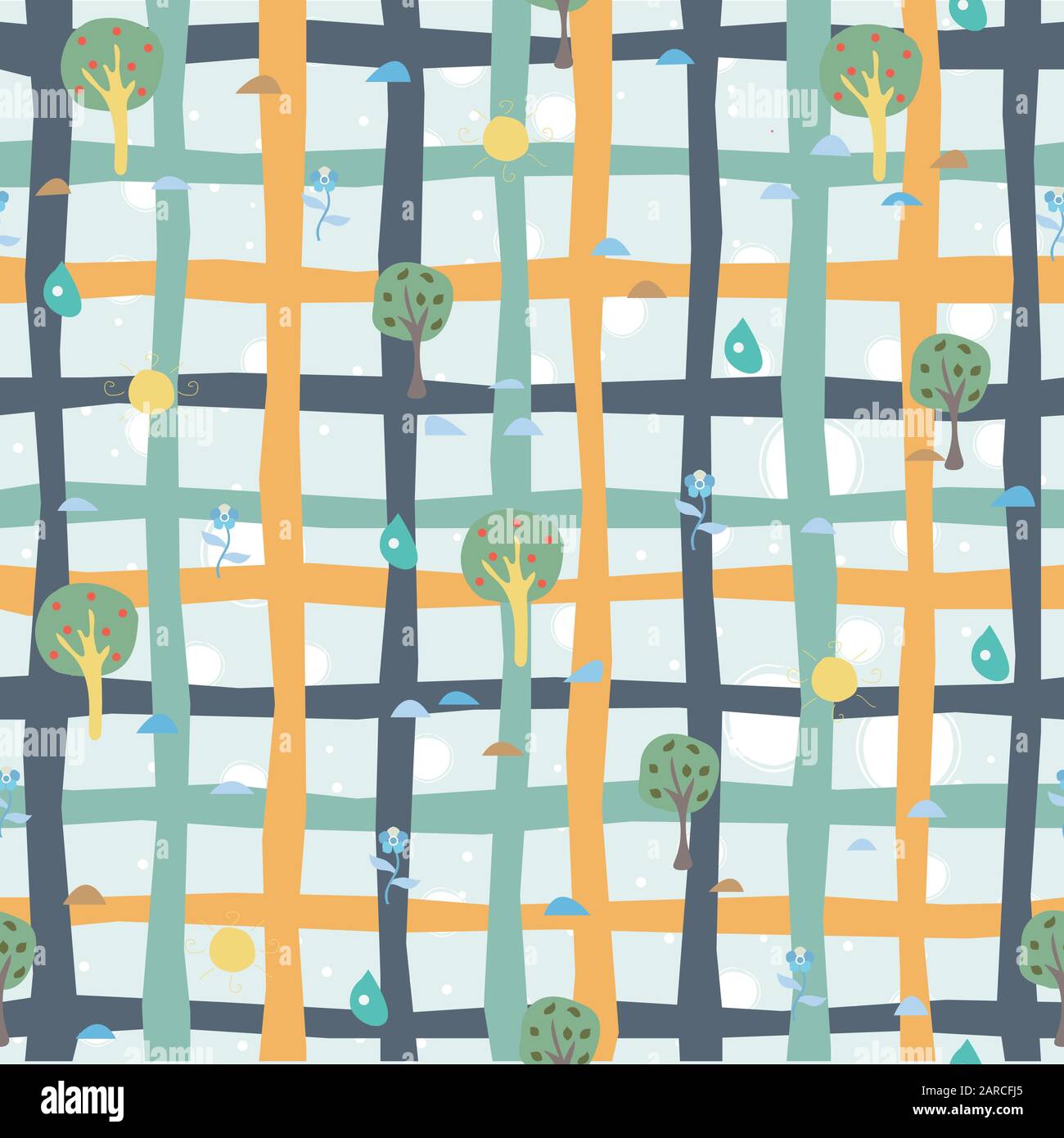 Simple Summer Seamless Pattern with trees, sun, drops of rain, flowers ...