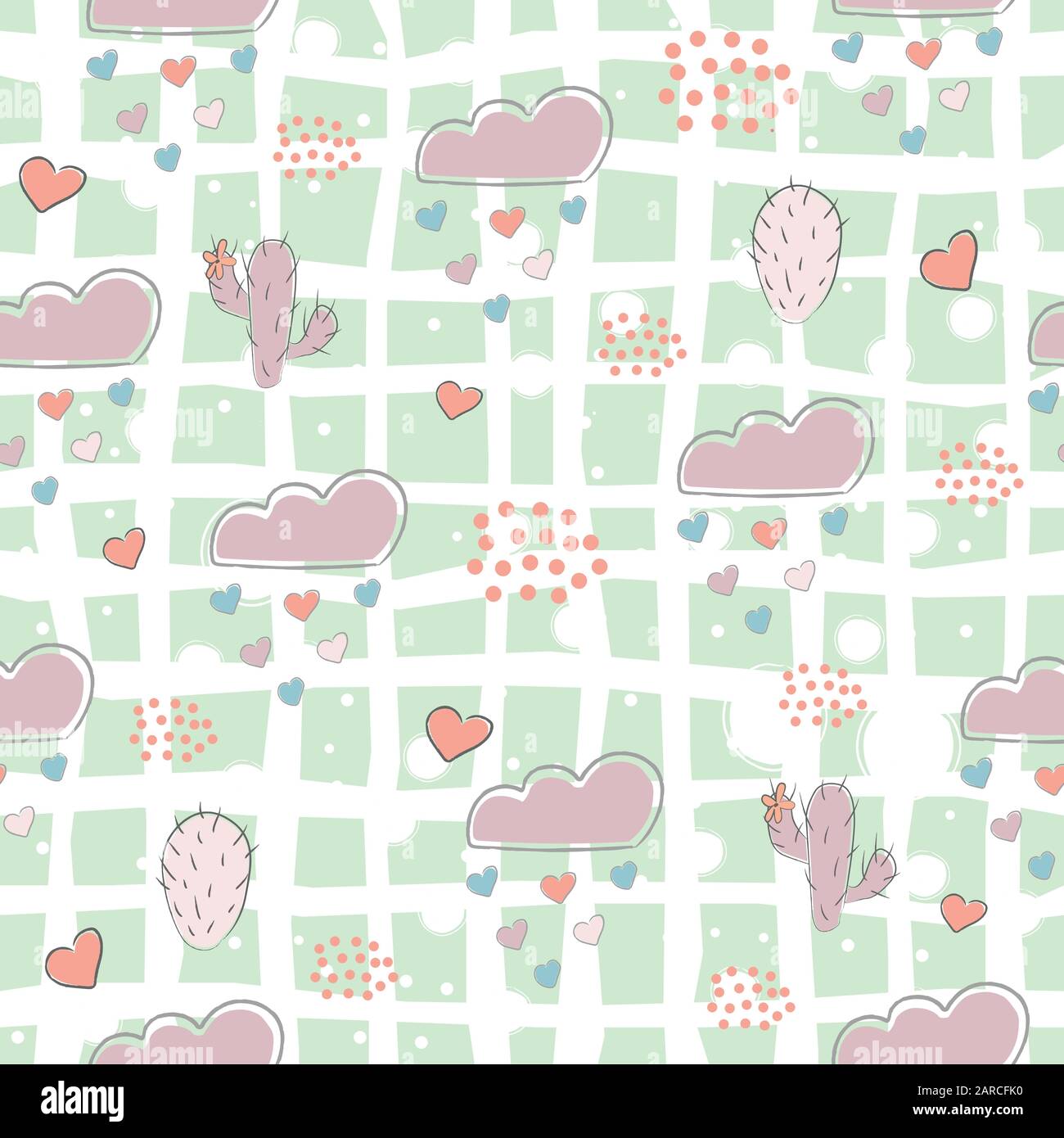 Seamless Pattern with cacti, hearts and clouds raining with hearts. Vector Illustration Stock Vector