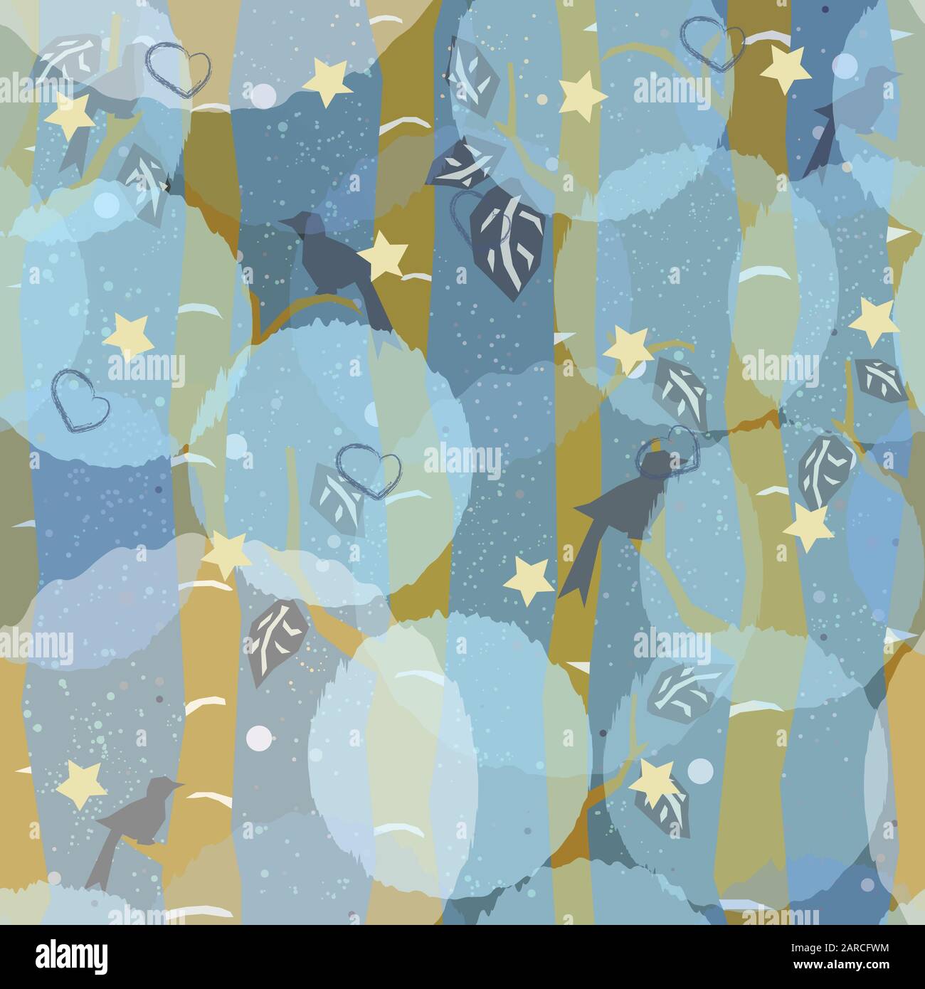 Seamless Tree Pattern with big birds and leaves. Vector Illustration. Stock Vector