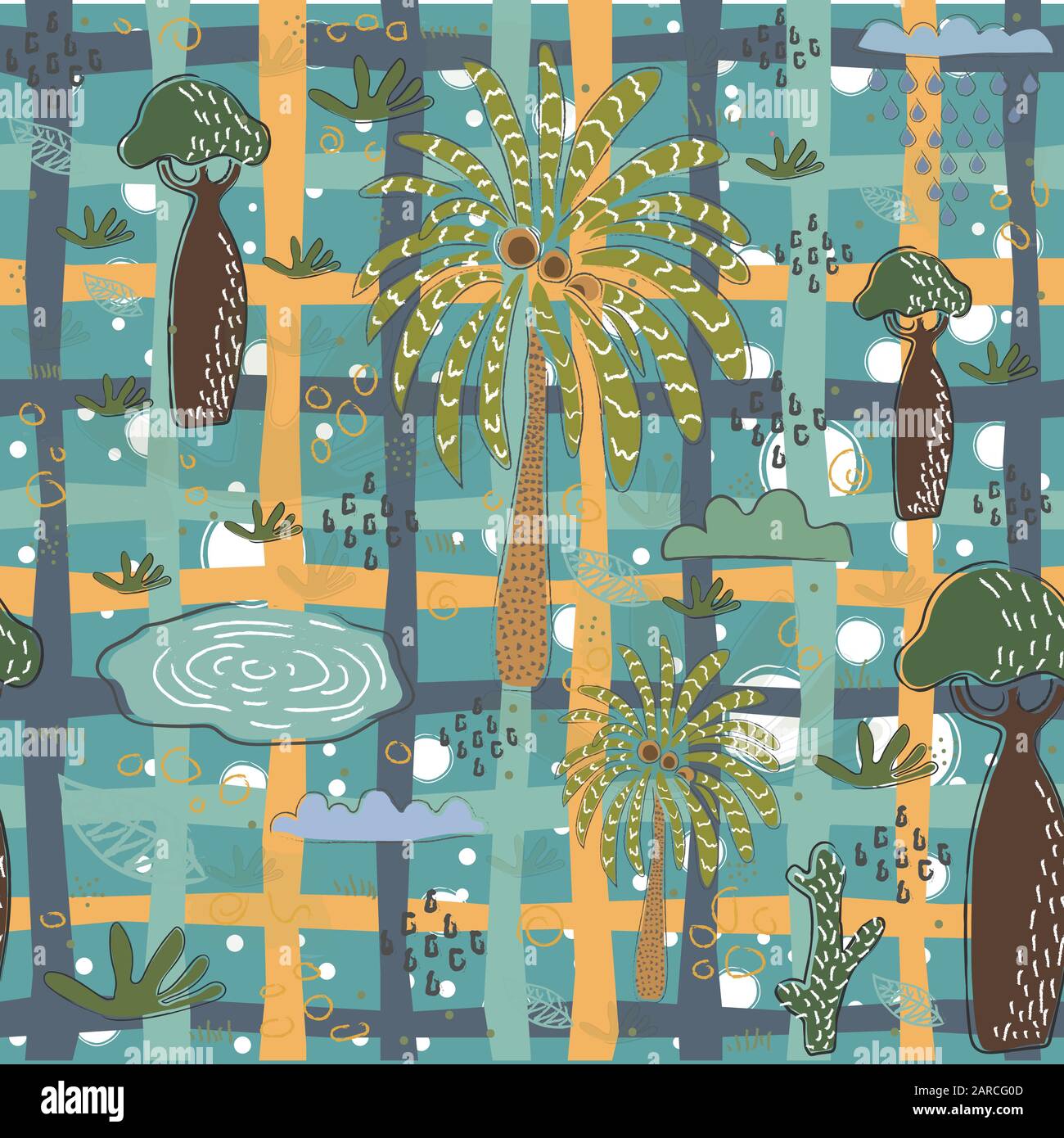 Seamless Pattern with Palms, baobabs, ponds. Scandinavian Style. Vector Illustration Stock Vector