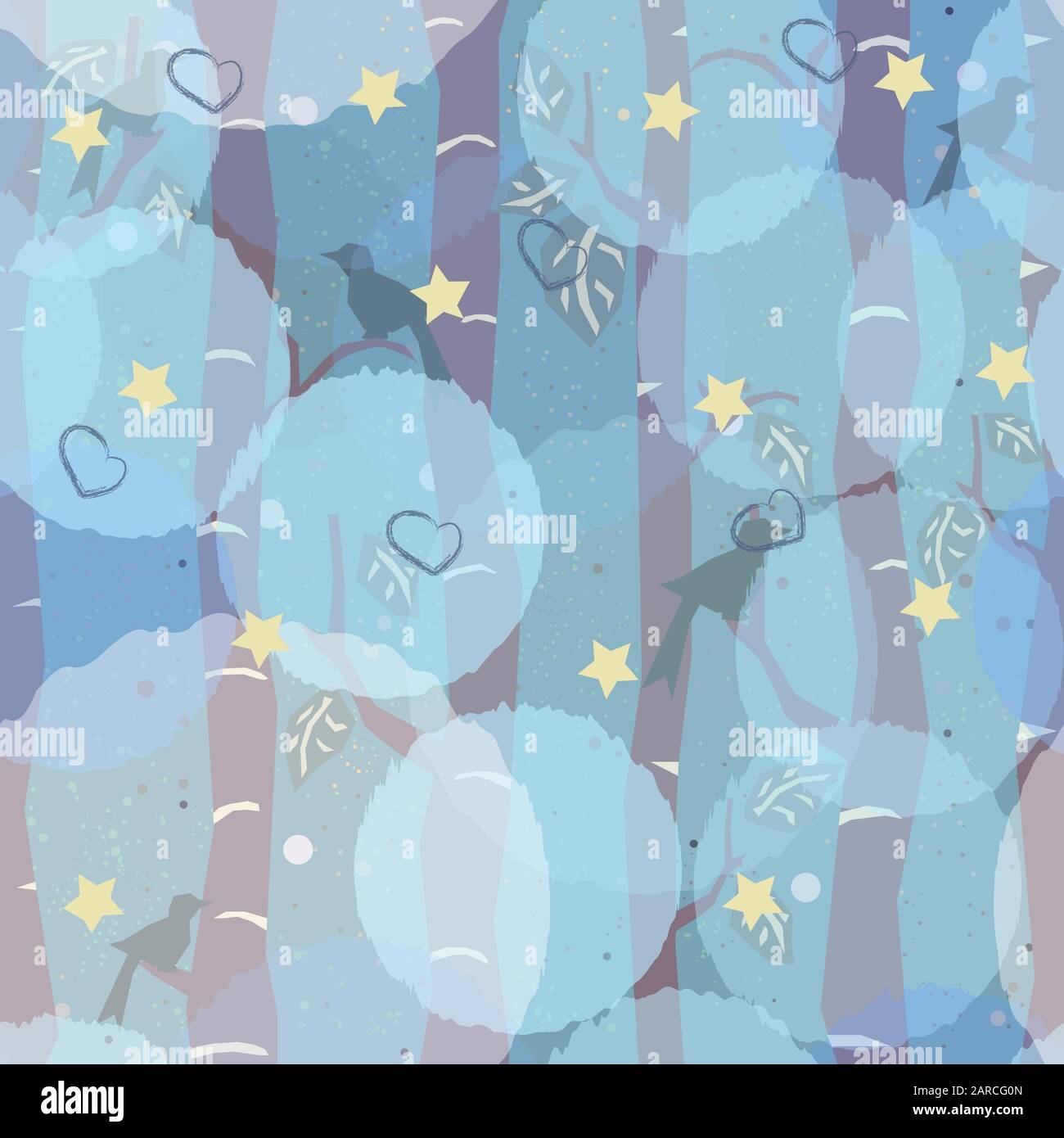 Seamless Tree Pattern with big birds and leaves. Vector Illustration. Stock Vector