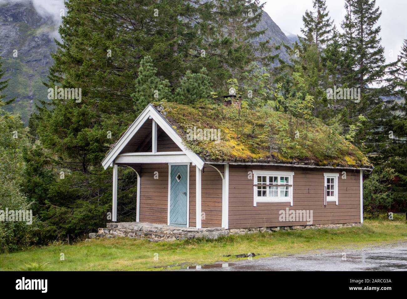 Wooden traditional norwegian house with grass roof with green pine trees and mountains around. Stock Photo