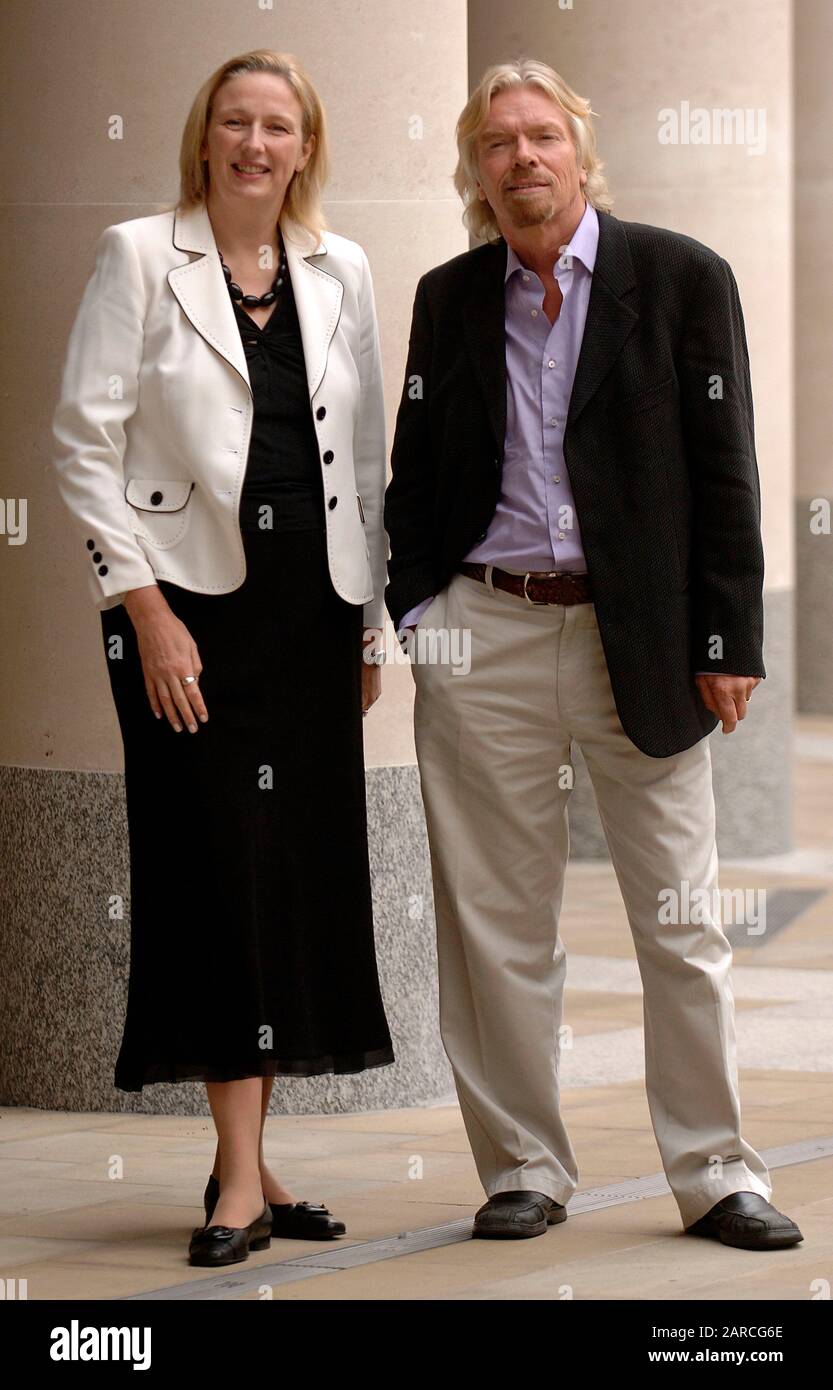 Jayne-Anne Gadhia CEO of Virgin money and Sir Richard Branson outside the Stock Exchange in London after announcing a deal involving Northern Rock building society in 2007. Stock Photo