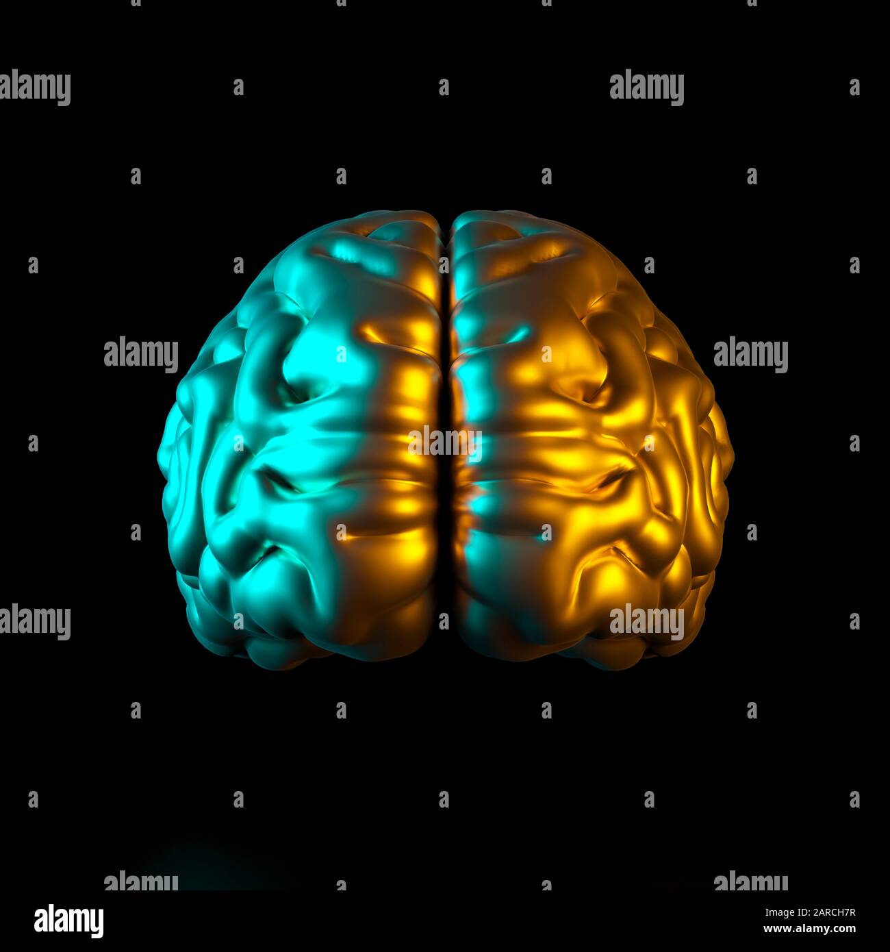 3d render image of a gold colored human brain on a black background with colored side lights. Square format no one around. Intelligence and psychology Stock Photo