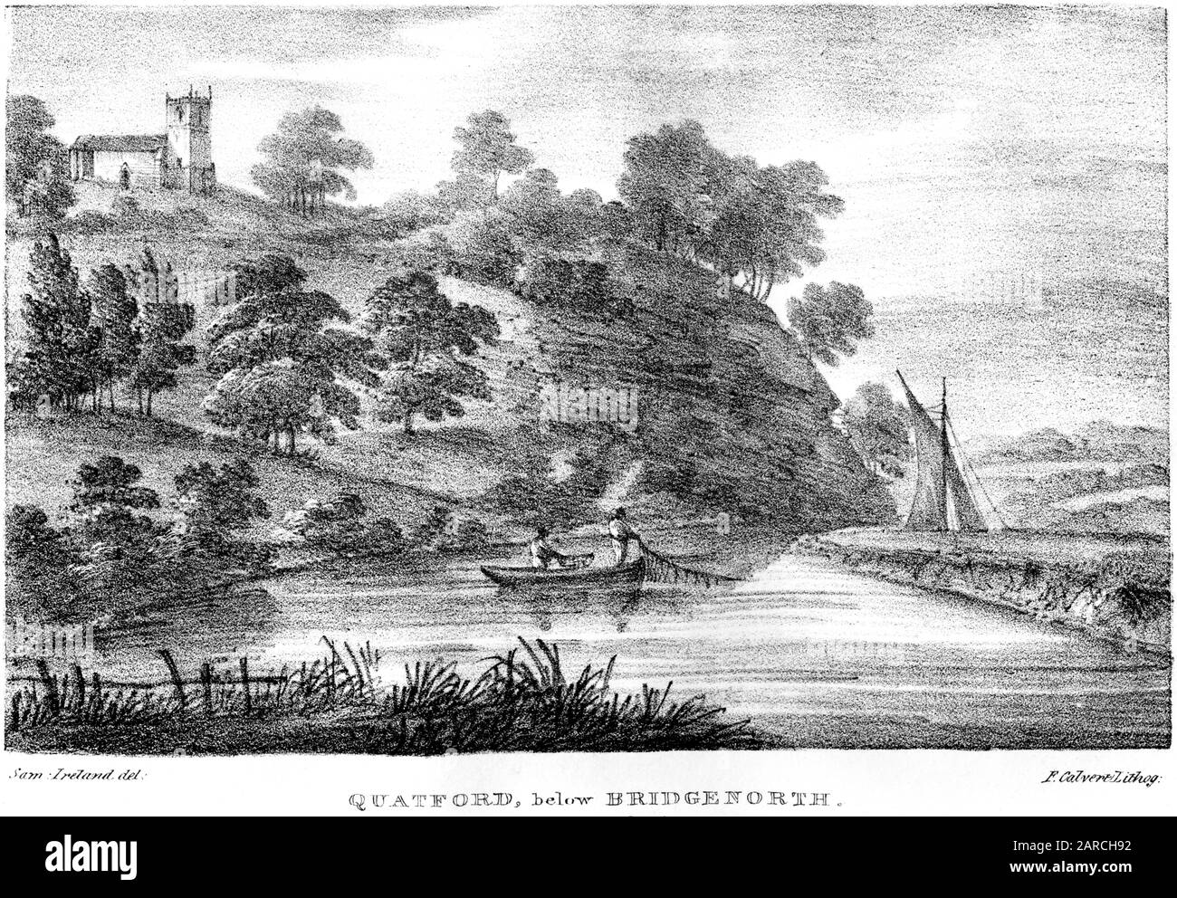 A lithograph of Quatford, below Bridgenorth (Bridgnorth) scanned at high resolution. from a book printed in 1824.  Believed copyright free. Stock Photo