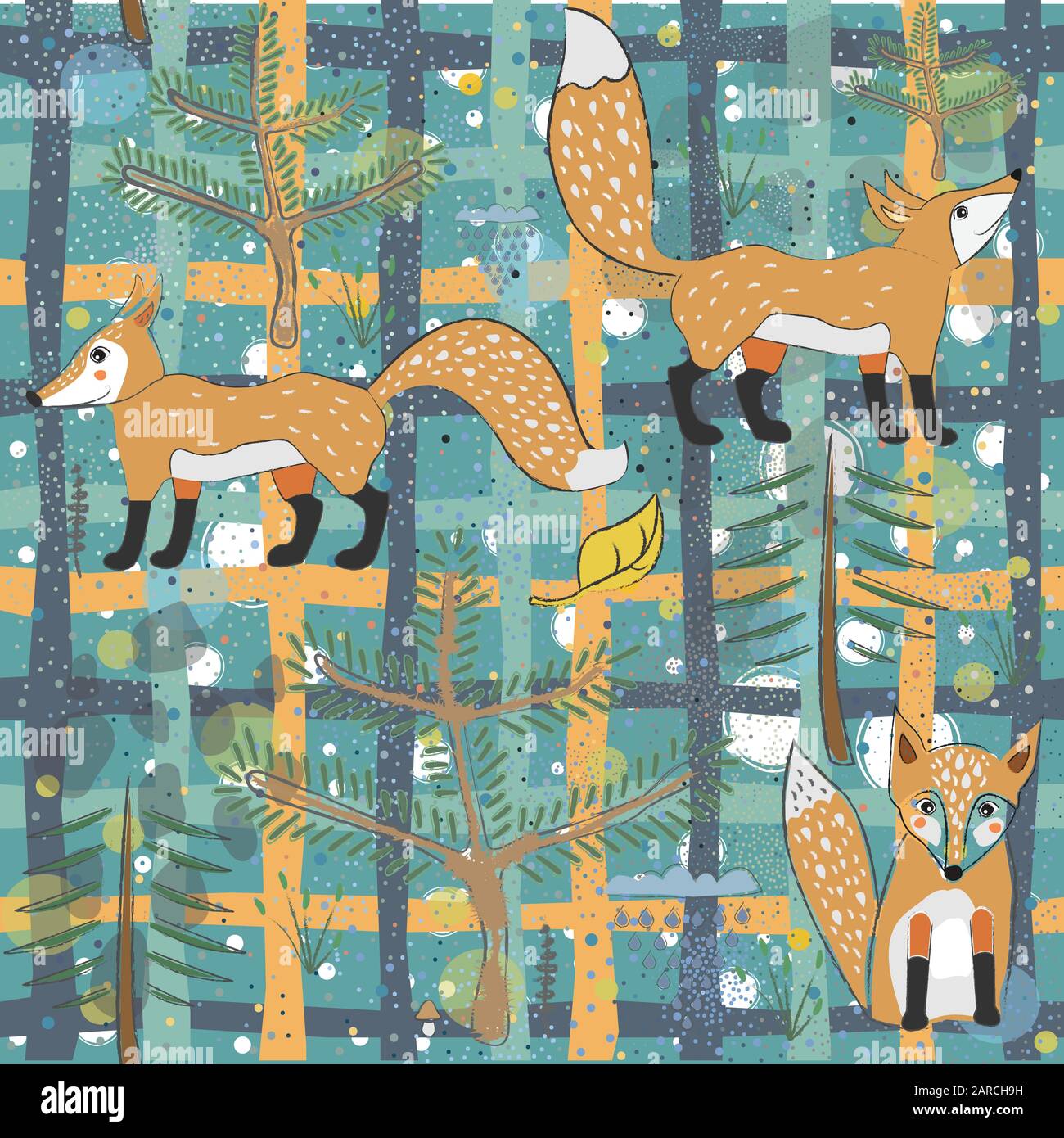 Seamless Pattern with cute Foxes. Scandinavian Style. Stock Vector