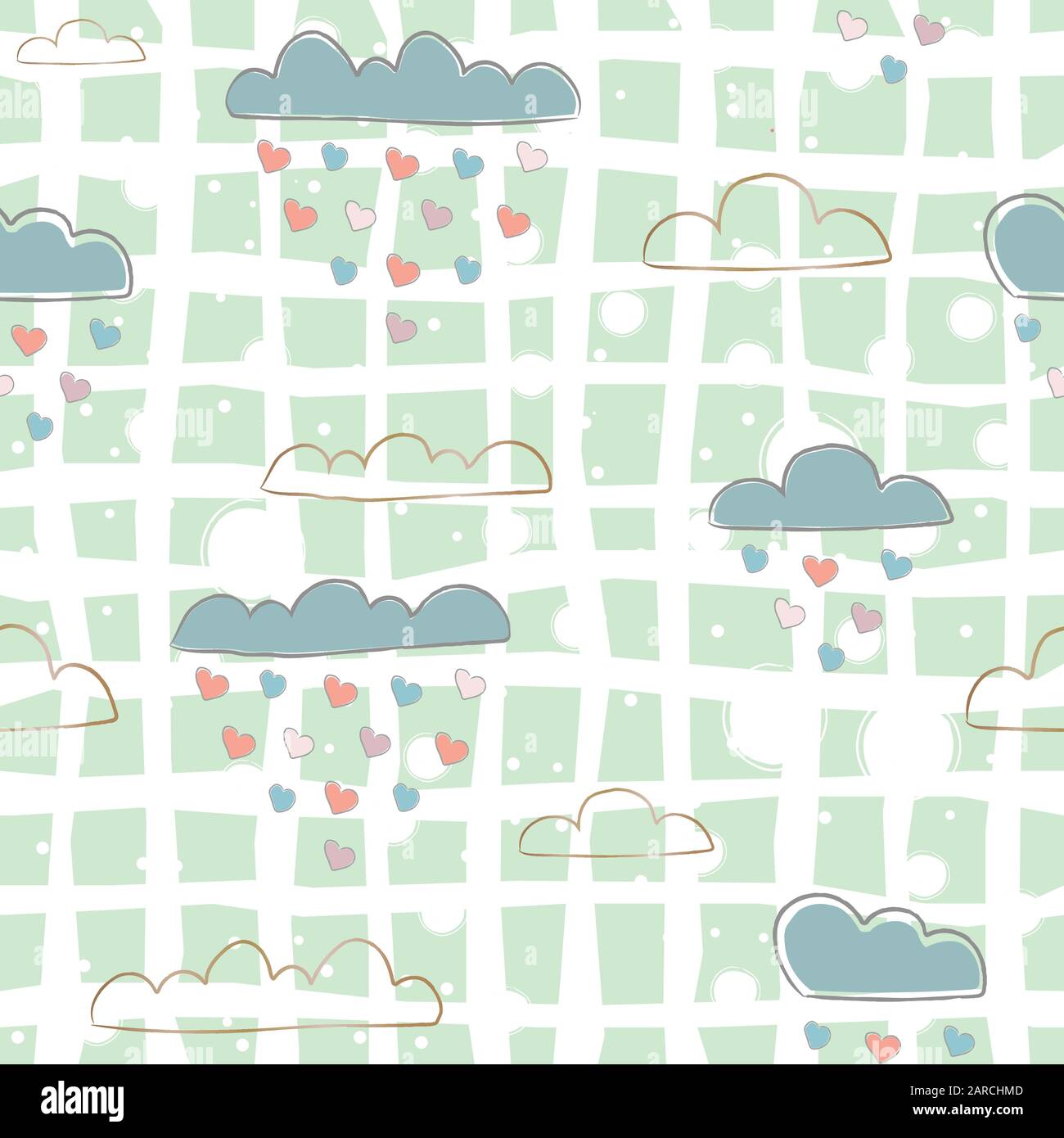 Cute Seamless pattern with hearts and clouds raining hearts on paper ...