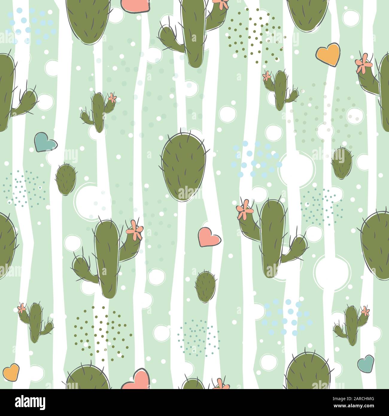 Cute seamless pattern with green cacti and hearts on black background ...