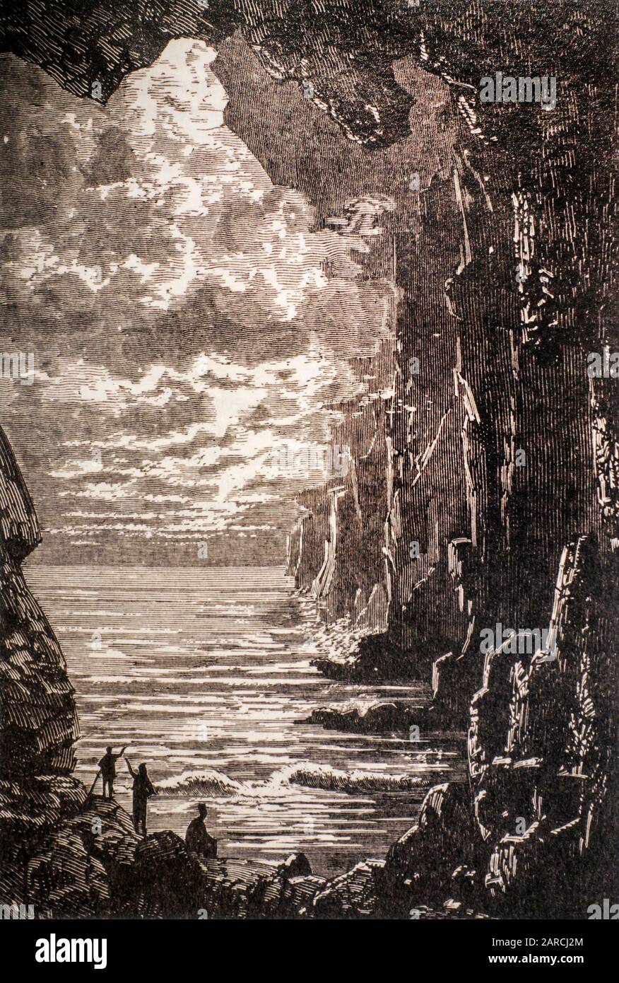 1864 book illustration The Central Sea from the science fiction novel Journey to the Center of the Earth by French writer / novelist Jules Verne Stock Photo