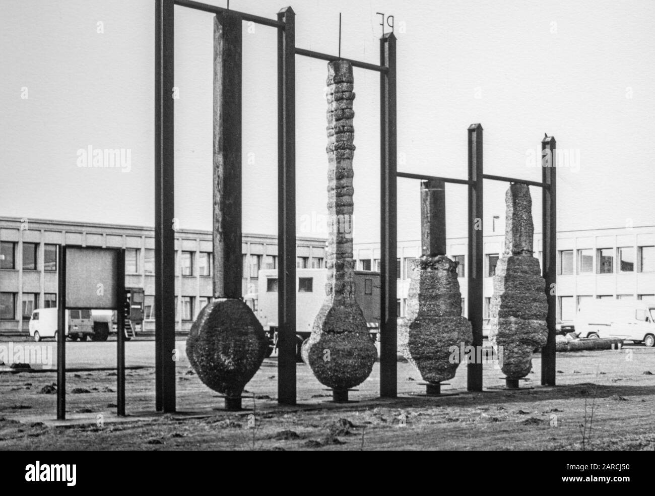Archival photo showing samples of different expanded base cast-in-situ concrete Franki piles Stock Photo