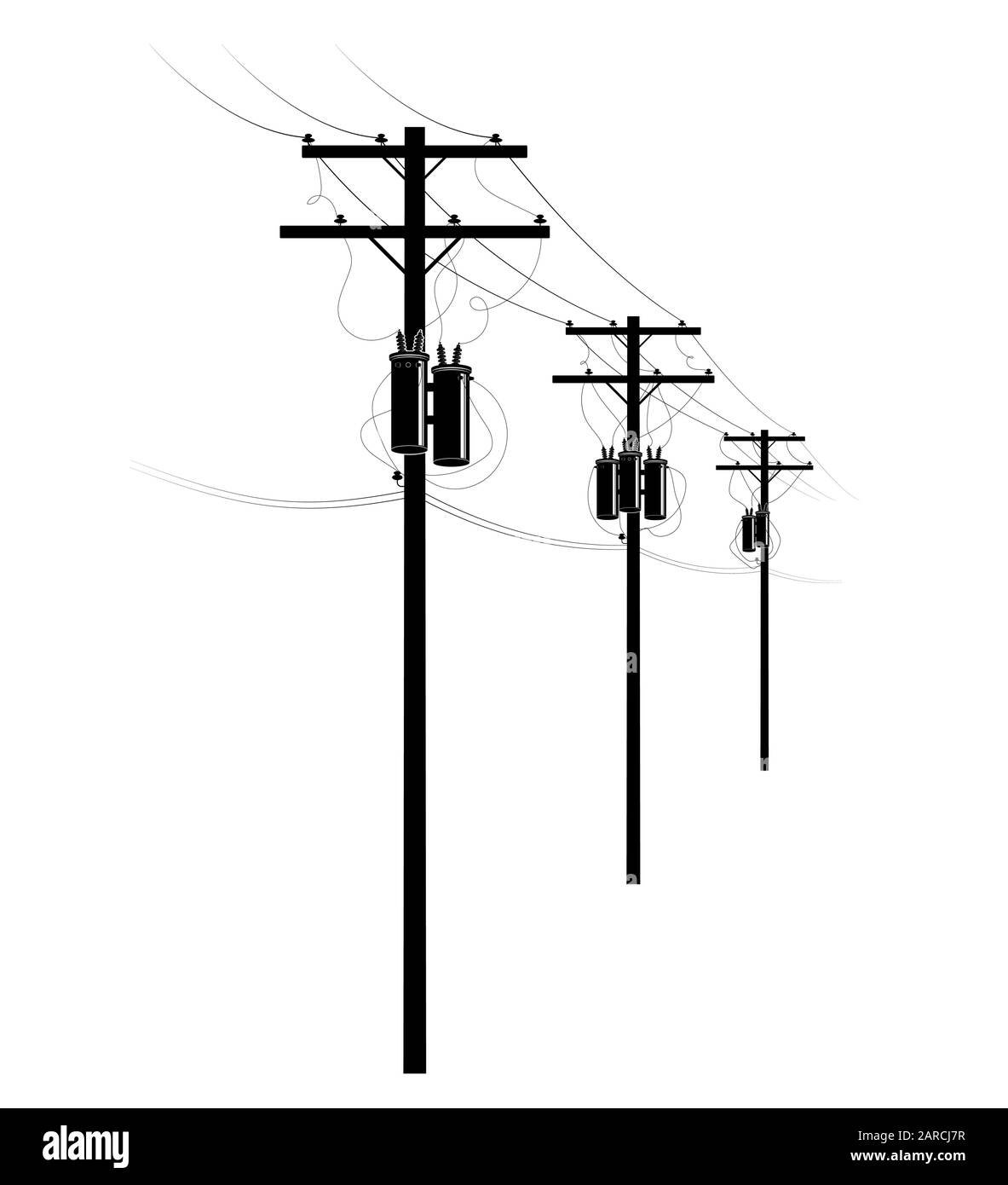 Power supply of residential buildings. A row of pillars on the street. Transformers and wires on poles. U.S. street. Stock Vector