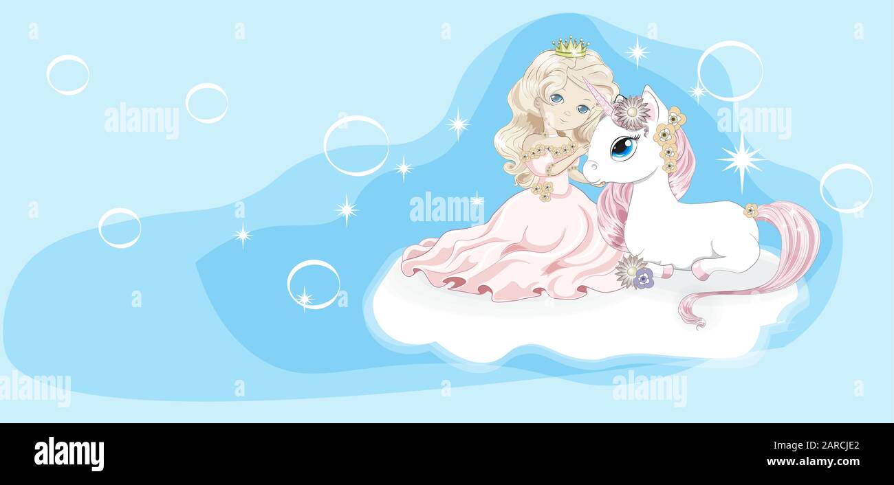 princess and unicorn on cloud in sky with bubbles. Picture in hand drawing cartoon style, for t-shirt wear fashion print design, greeting card, postca Stock Vector