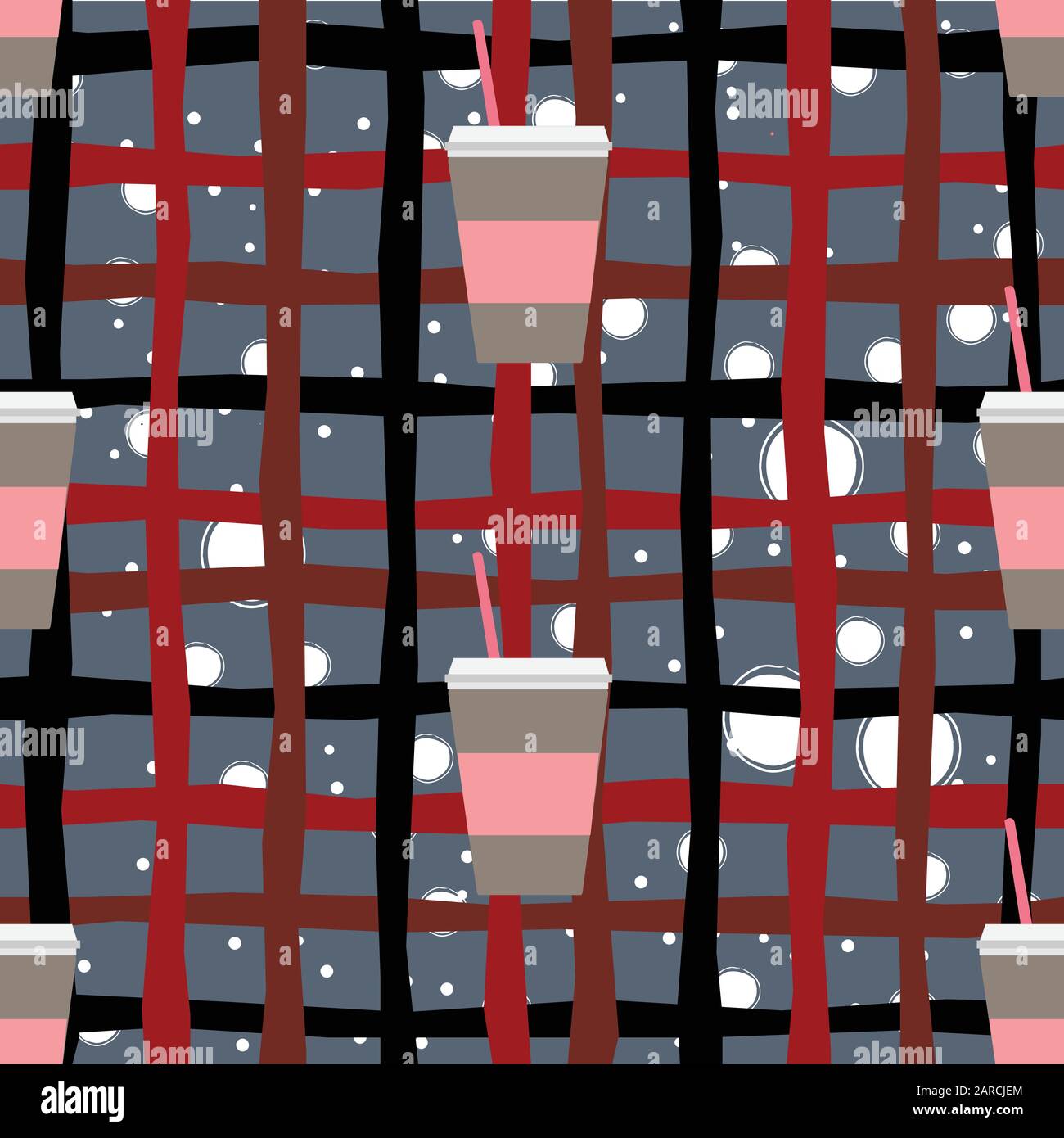 Seamless repeating Pattern with coffee cup on dark background Stock Vector