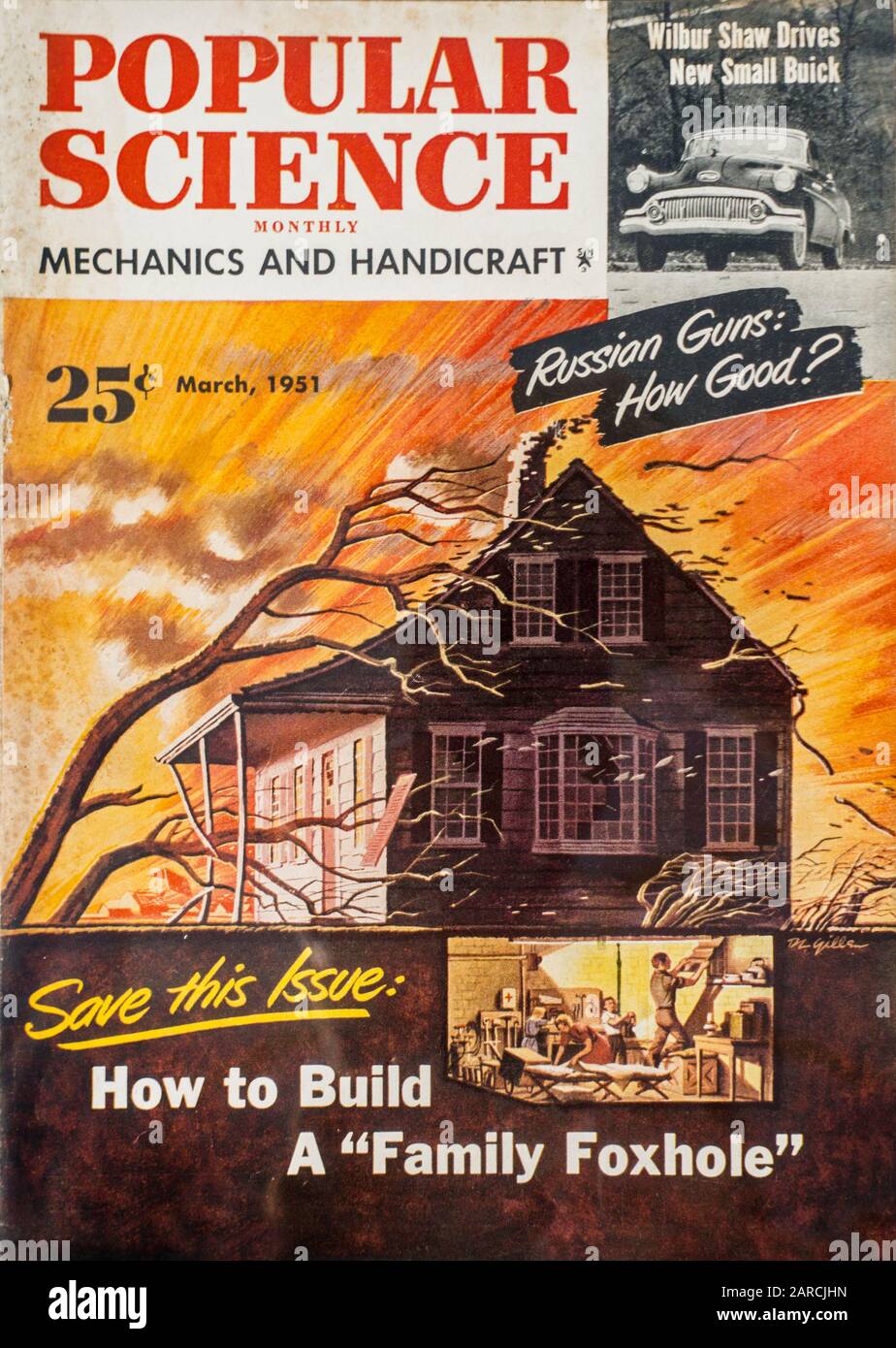 Front cover of Popular Science Monthly, March 1951 issue about building a nuclear fallout shelter during the Cold War Stock Photo