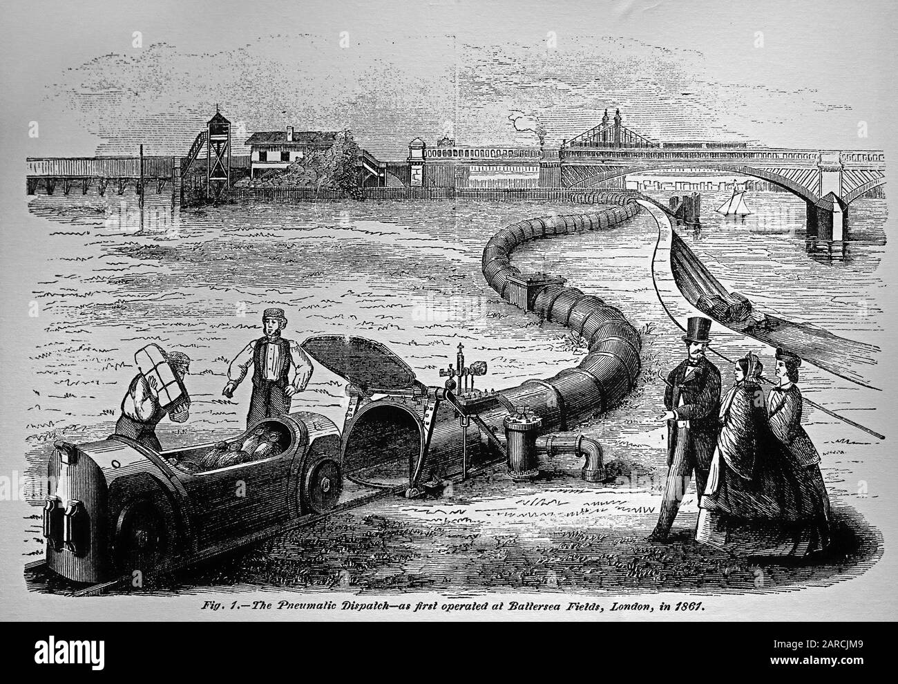 Testing the London Pneumatic Despatch at Battersea Fields, London in 1861 Stock Photo