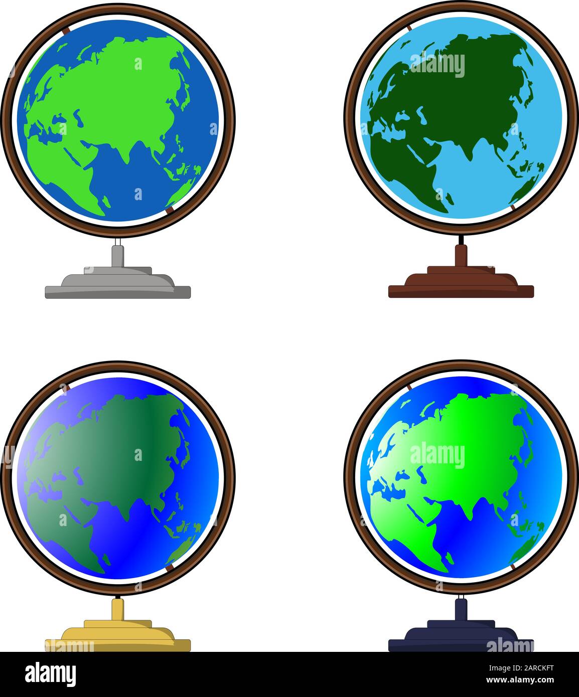 Vector globe icons of the world. Set of desktop globes withstand, various colors and shades. Globe props for cartoon and animation decor. Stock Vector
