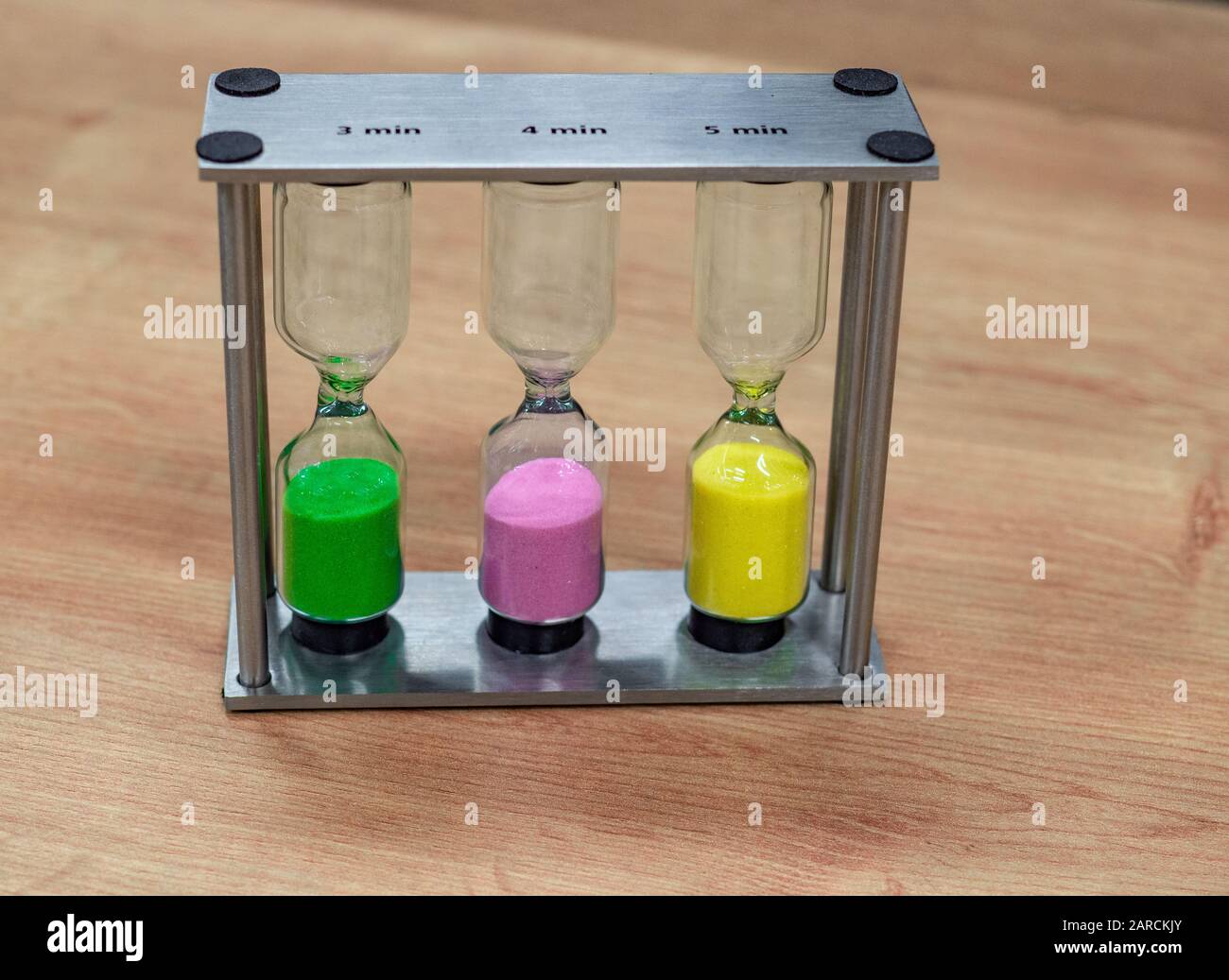 colored hourglasses with timer function ideal for preparing infusions and boiled eggs. each color corresponds to a time frame Stock Photo